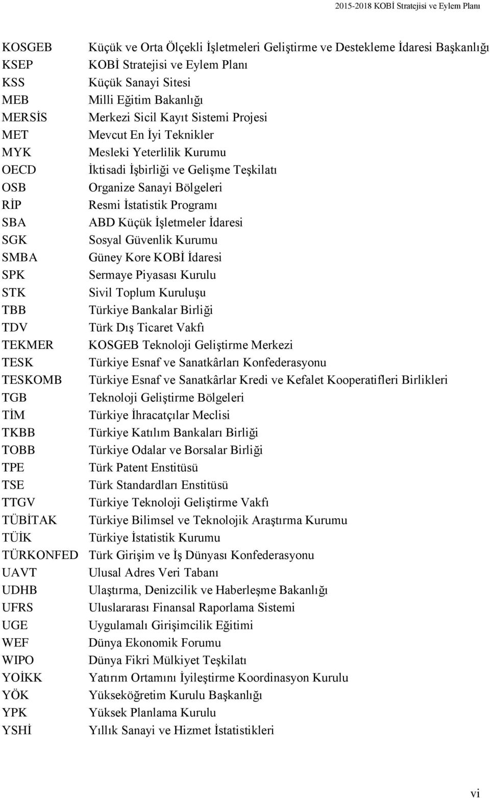 İşletmeler İdaresi SGK Sosyal Güvenlik Kurumu SMBA Güney Kore KOBİ İdaresi SPK Sermaye Piyasası Kurulu STK Sivil Toplum Kuruluşu TBB Türkiye Bankalar Birliği TDV Türk Dış Ticaret Vakfı TEKMER KOSGEB