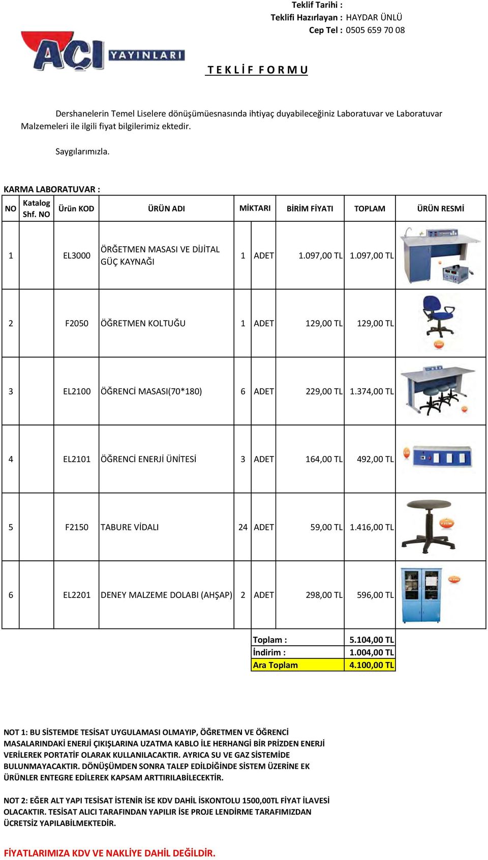 NO Ürün KOD ÜRÜN ADI MİKTARI BİRİM FİYATI TOPLAM ÜRÜN RESMİ 1 EL3000 ÖRĞETMEN MASASI VE DİJİTAL GÜÇ KAYNAĞI 1 ADET 1.097,00 TL 1.