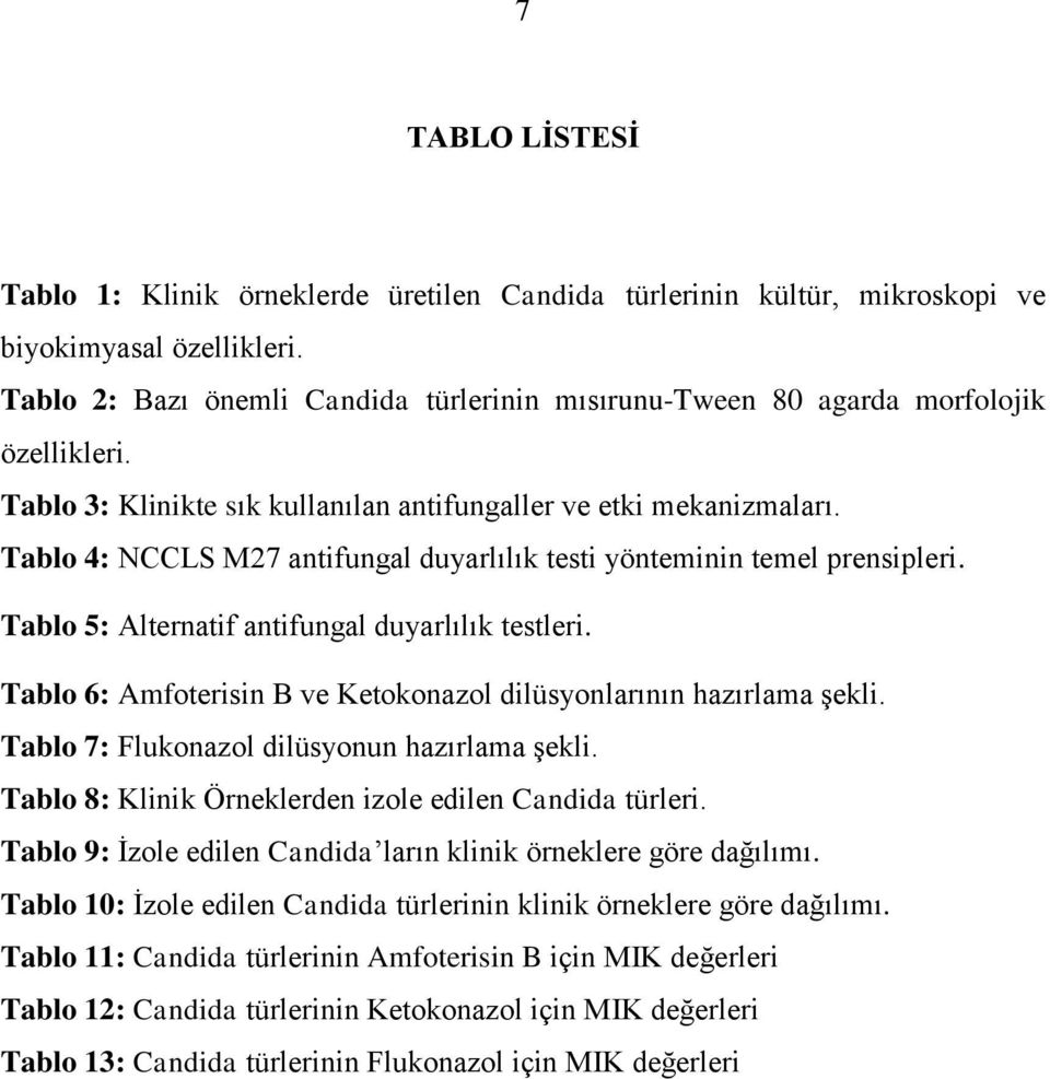 Tablo 4: NCCLS M27 antifungal duyarlılık testi yönteminin temel prensipleri. Tablo 5: Alternatif antifungal duyarlılık testleri. Tablo 6: Amfoterisin B ve Ketokonazol dilüsyonlarının hazırlama şekli.