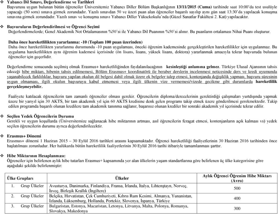 Yazılı sınav ve konuşma sınavı Yabancı Diller Yüksekokulu nda (Güzel Sanatlar Fakültesi 2. Kat) yapılacaktır.