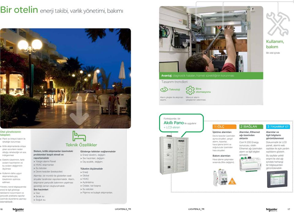Fonksiyonlar, bir Akıllı Pano ile uygulanır + LCD ekran 1 ÖLÇ 2 BAĞLAN 3 TASARRUF T Otel yöneticisinin talepleri: > > Planlı ve önleyici bakım ile rahatlığın korunması > > Kritik ekipmanlarda ortaya