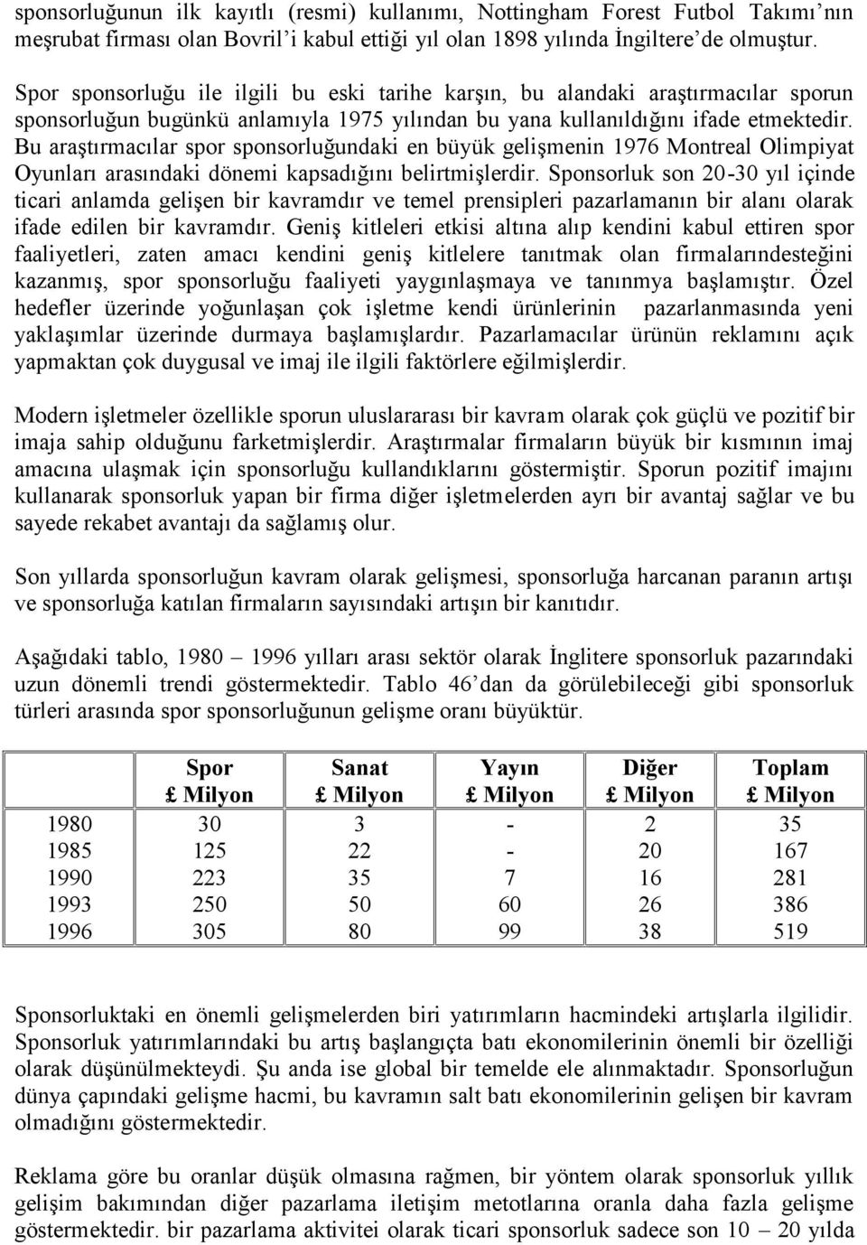 Bu araştırmacılar spor sponsorluğundaki en büyük gelişmenin 1976 Montreal Olimpiyat Oyunları arasındaki dönemi kapsadığını belirtmişlerdir.