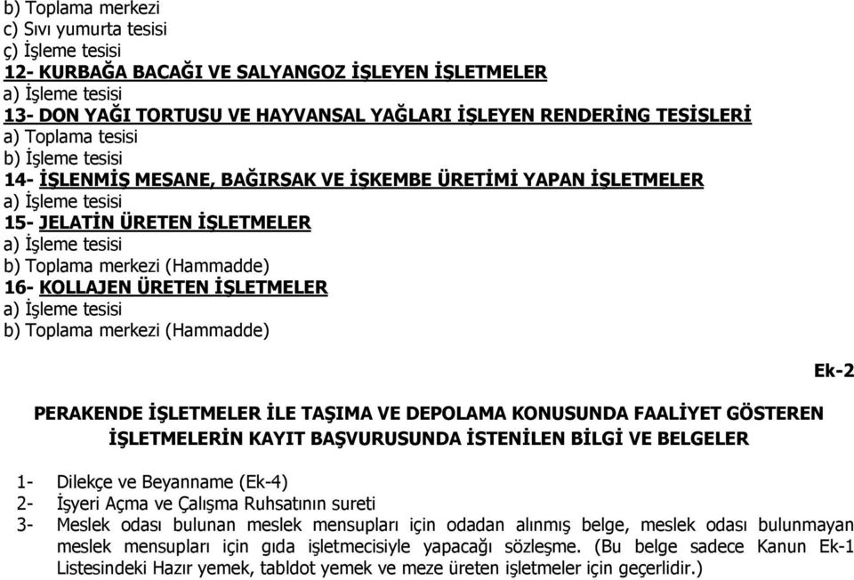 KOLLAJEN ÜRETEN ĐŞLETMELER a) Đşleme tesisi b) Toplama merkezi (Hammadde) PERAKENDE ĐŞLETMELER ĐLE TAŞIMA VE DEPOLAMA KONUSUNDA FAALĐYET GÖSTEREN ĐŞLETMELERĐN KAYIT BAŞVURUSUNDA ĐSTENĐLEN BĐLGĐ VE