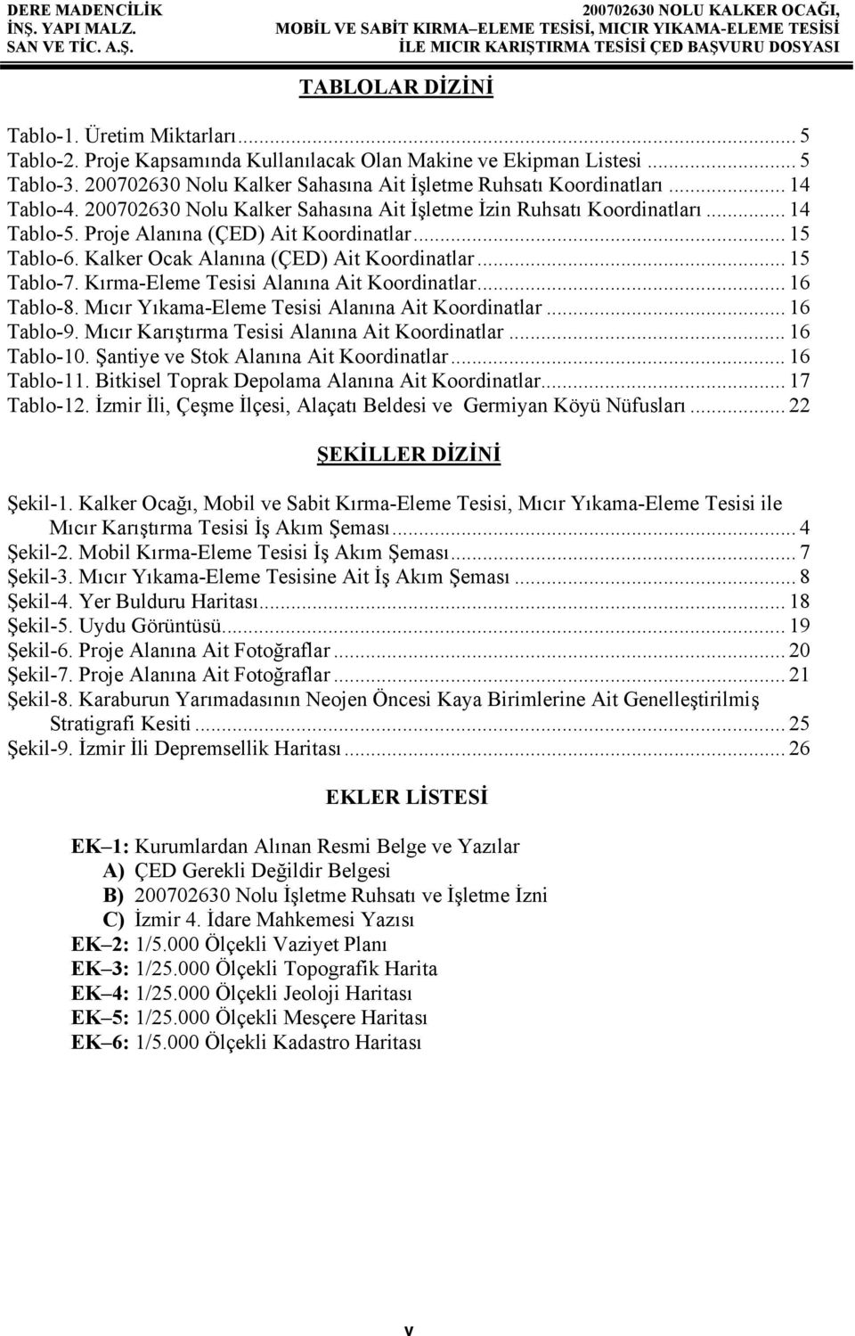 .. 15 Tablo-7. Kırma-Eleme Tesisi Alanına Ait Koordinatlar... 16 Tablo-8. Mıcır Yıkama-Eleme Tesisi Alanına Ait Koordinatlar... 16 Tablo-9. Mıcır Karıştırma Tesisi Alanına Ait Koordinatlar.