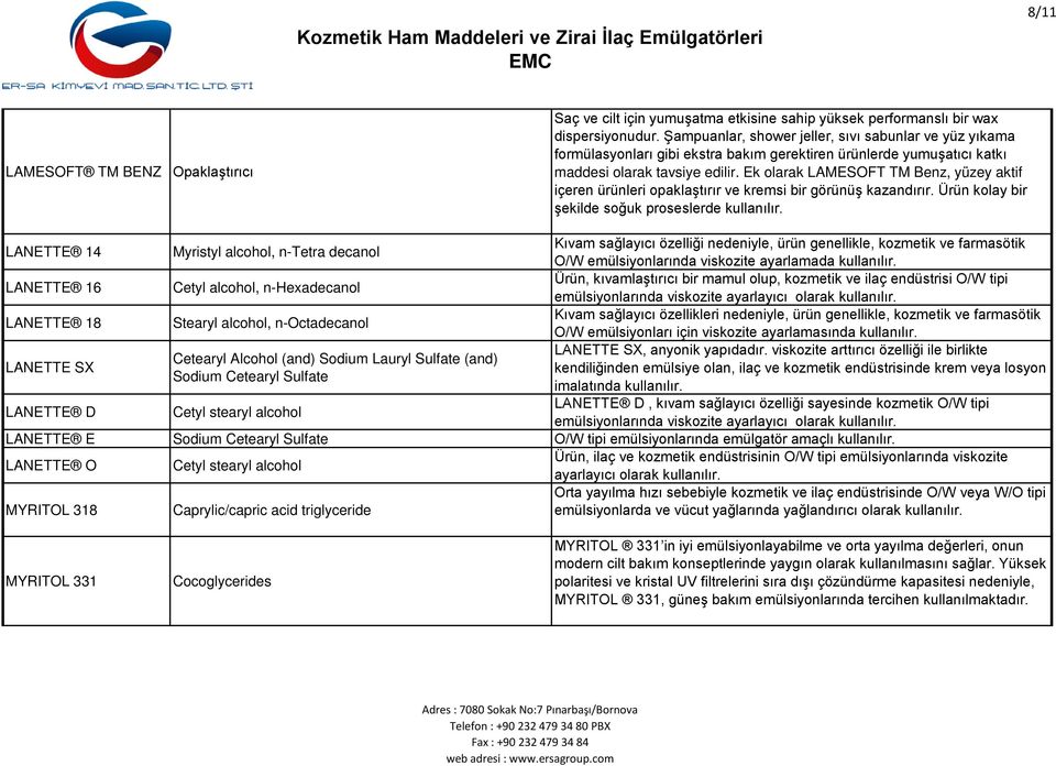 Ek olarak LAMESOFT TM Benz, yüzey aktif içeren ürünleri opaklaştırır ve kremsi bir görünüş kazandırır. Ürün kolay bir şekilde soğuk proseslerde kullanılır.