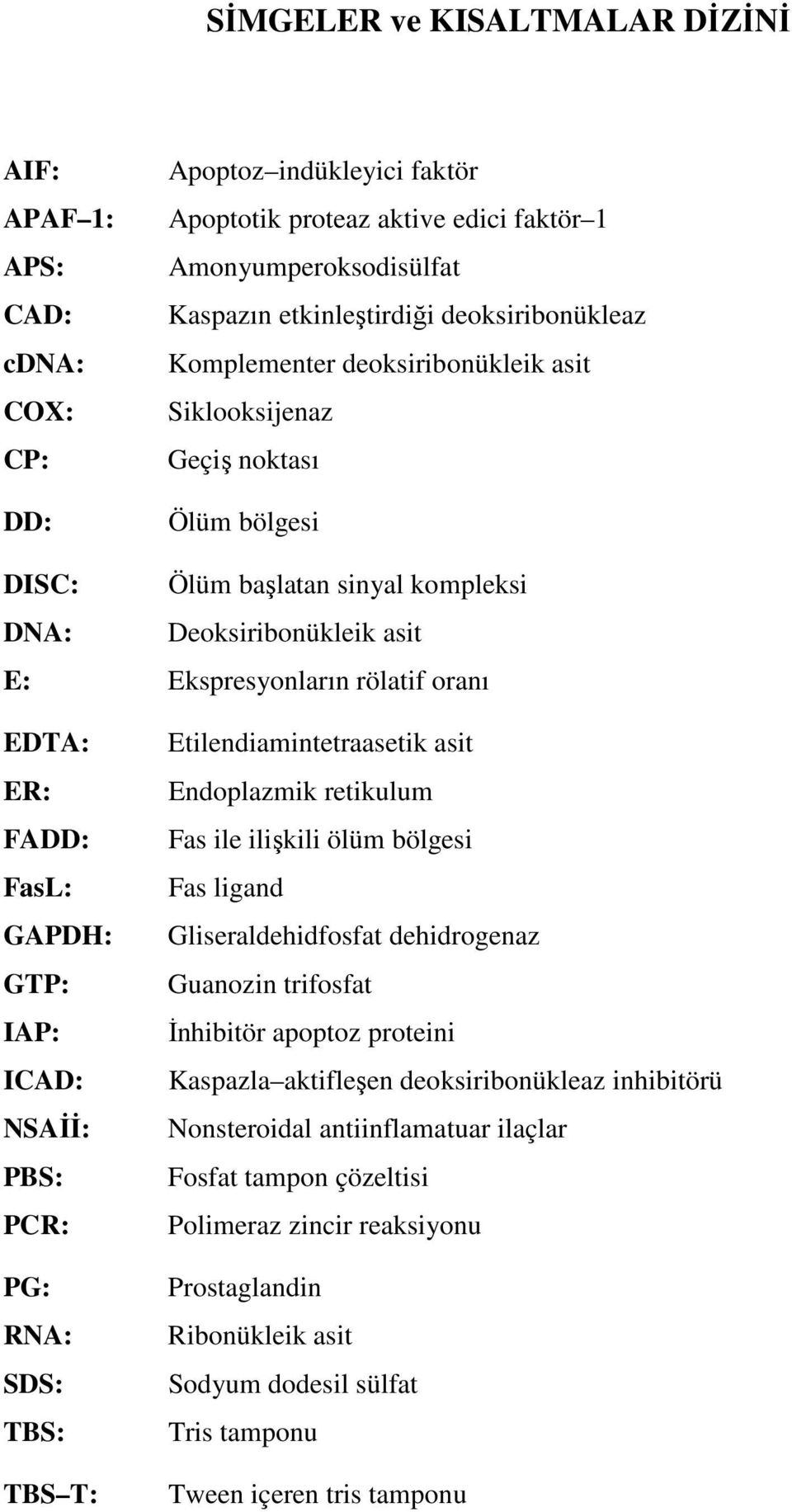 ER: FADD: FasL: GAPDH: GTP: IAP: ICAD: NSAİİ: PBS: PCR: PG: RNA: SDS: TBS: TBS T: Etilendiamintetraasetik asit Endoplazmik retikulum Fas ile ilişkili ölüm bölgesi Fas ligand Gliseraldehidfosfat