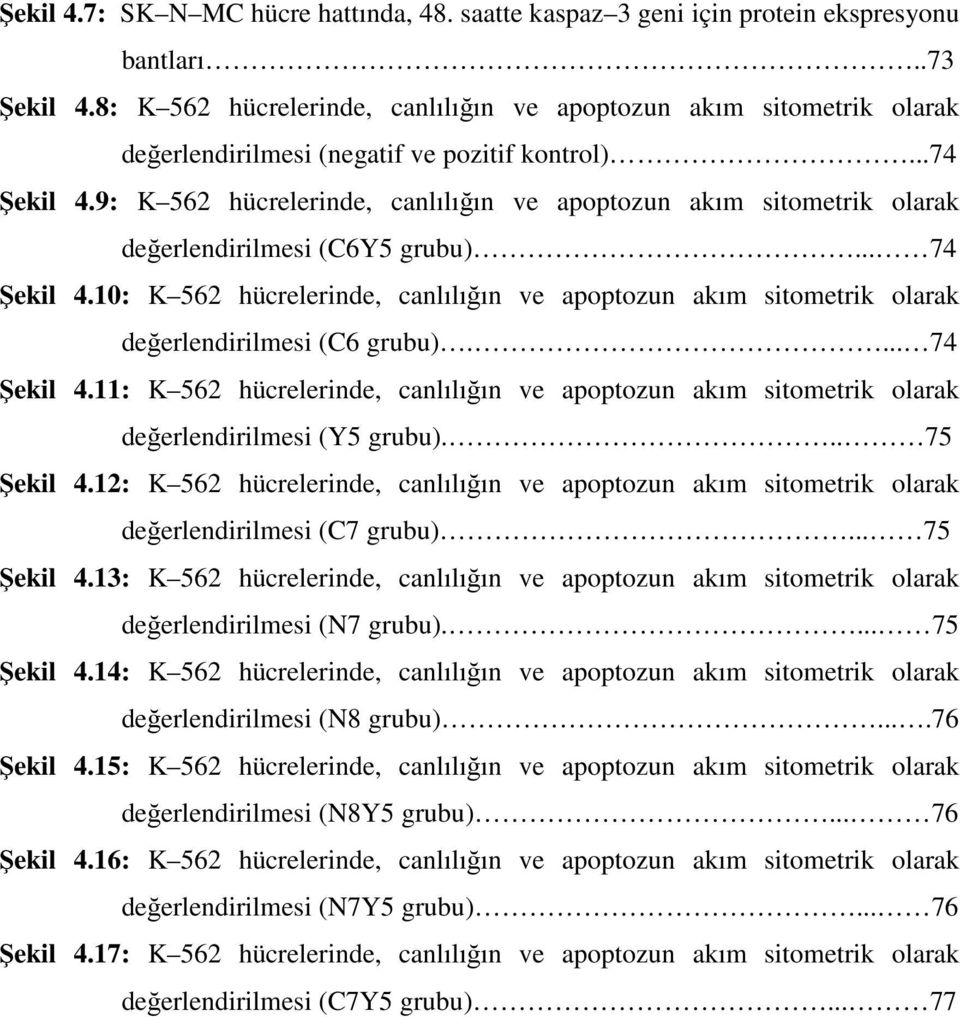 9: K 562 hücrelerinde, canlılığın ve apoptozun akım sitometrik olarak değerlendirilmesi (C6Y5 grubu)... 74 Şekil 4.