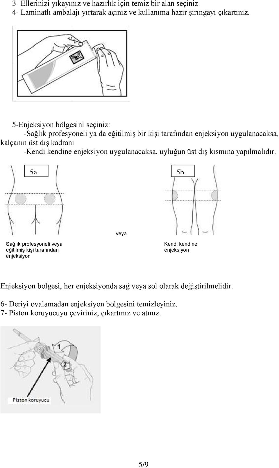 enjeksiyon uygulanacaksa, uyluğun üst dıģ kısmına yapılmalıdır. 5a. 5b.