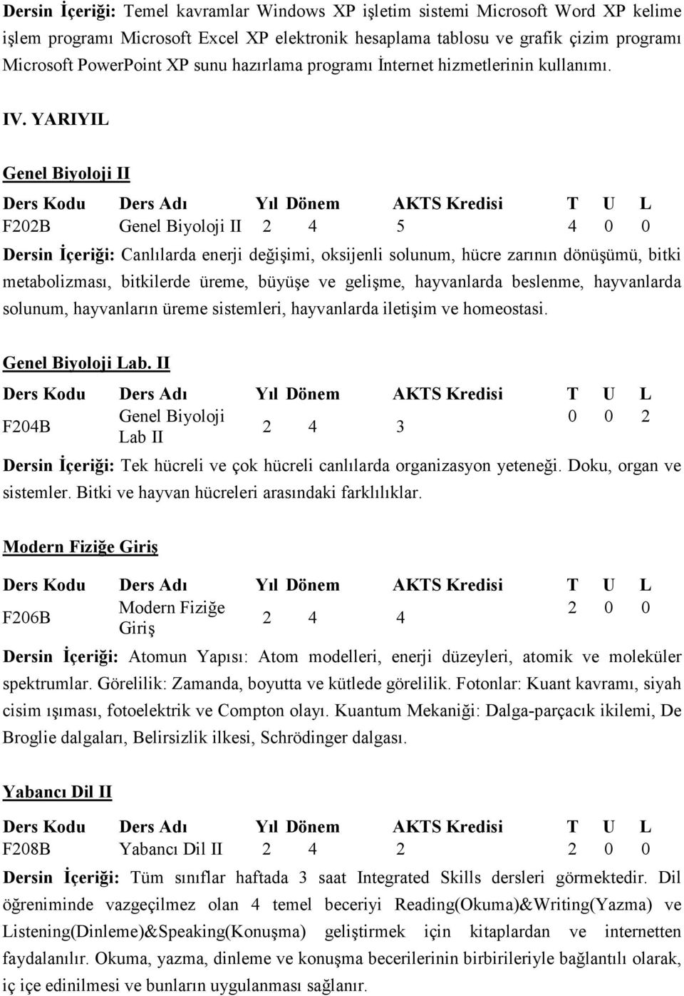 YARIYIL Genel Biyoloji II F202B Genel Biyoloji II 2 4 5 4 0 0 Dersin İçeriği: Canlılarda enerji değişimi, oksijenli solunum, hücre zarının dönüşümü, bitki metabolizması, bitkilerde üreme, büyüşe ve