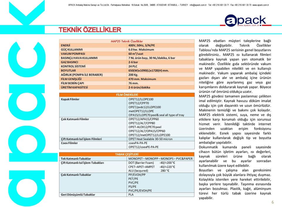 Vakum yaparak ambalaj içindeki gazları dışarı alır ve ambalaj içine ürünün niteliğine göre ayarlanmış gaz veya gaz karışımlarını doldurarak kaynak yapar. Böyece ürünün raf ömrünü oldukça uzatır.