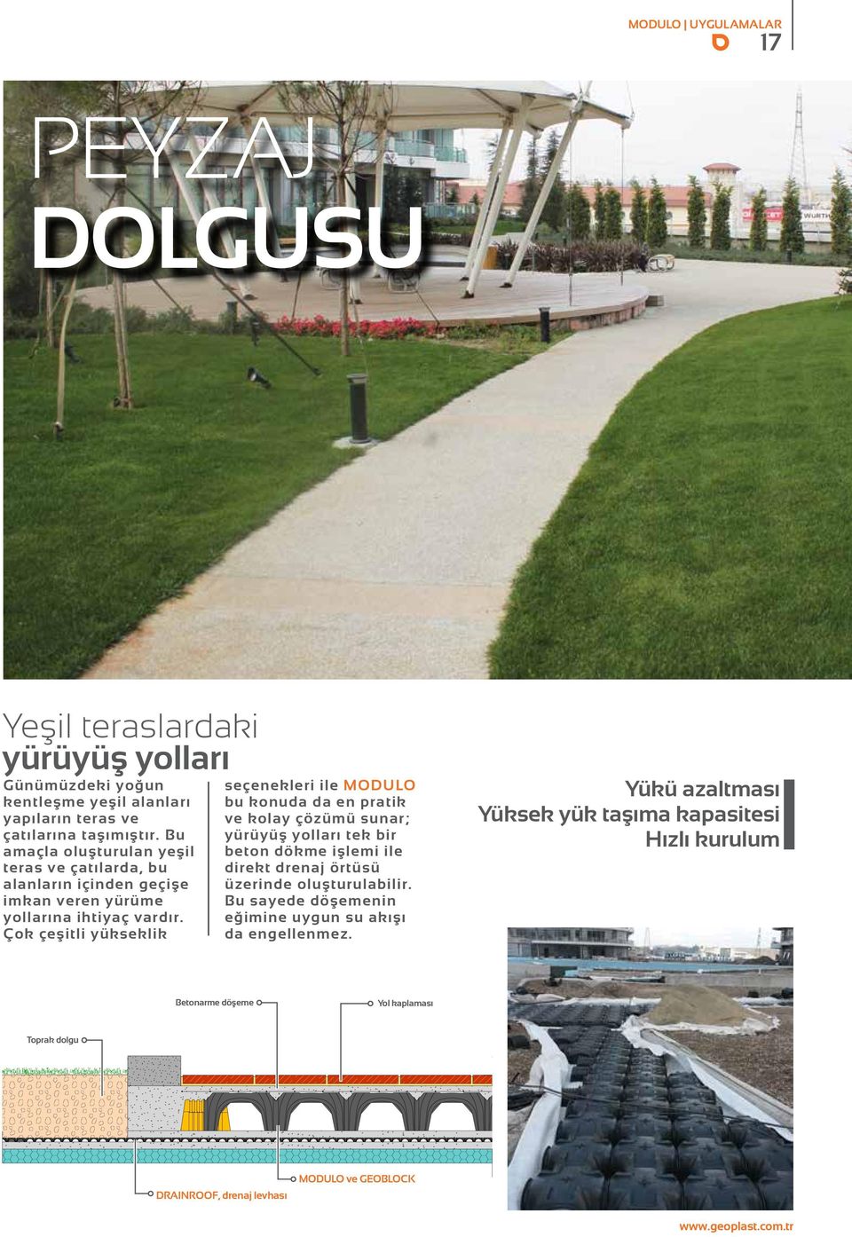 Çok çeşitli yükseklik seçenekleri ile MODULO bu konuda da en pratik ve kolay çözümü sunar; yürüyüş yolları tek bir beton dökme işlemi ile direkt drenaj örtüsü