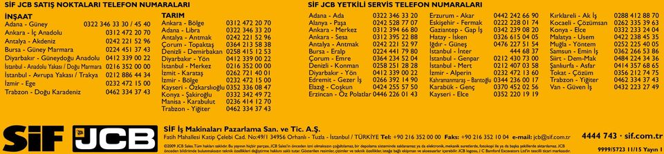 Libra 0322 346 33 20 Antalya - Antak 0242 221 52 96 Çoru - Topaktaş 0364 213 58 38 Denizli - Deirbakan 0258 415 12 53 Diyarbakır - Yön 0412 339 00 22 İstanbul - Merkez 0216 352 00 00 İzit - Karataş