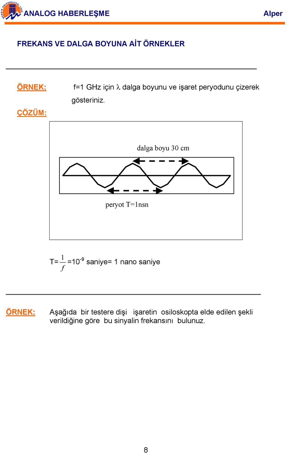 dalga boyu 30 cm peryot T=1nsn T= f 1 =10-9 saniye= 1 nano saniye ÖRNEK: