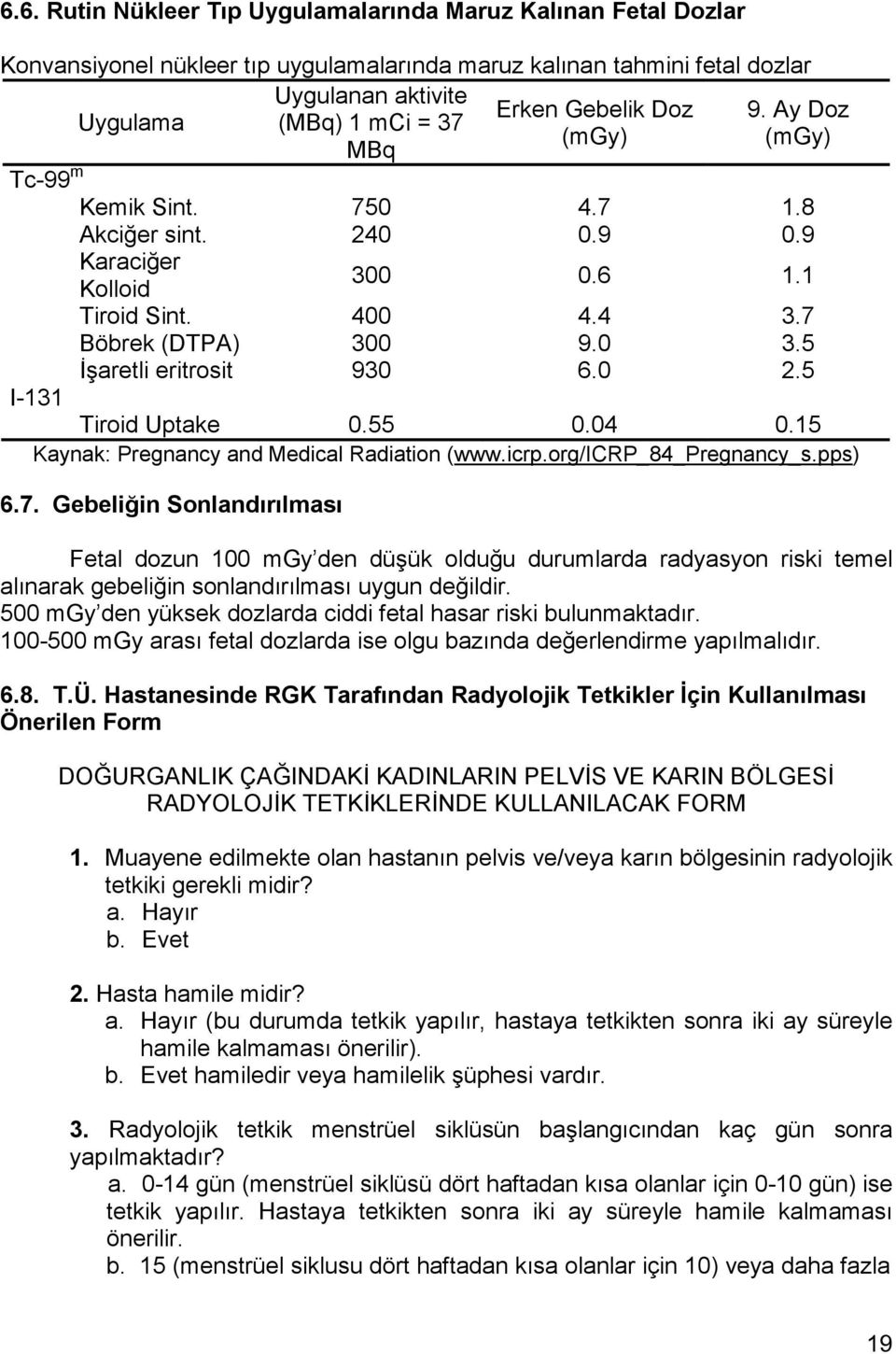 5 İşaretli eritrosit 930 6.0 2.5 Tiroid Uptake 0.55 0.04 0.15 Kaynak: Pregnancy and Medical Radiation (www.icrp.org/icrp_84_pregnancy_s.pps) 6.7.