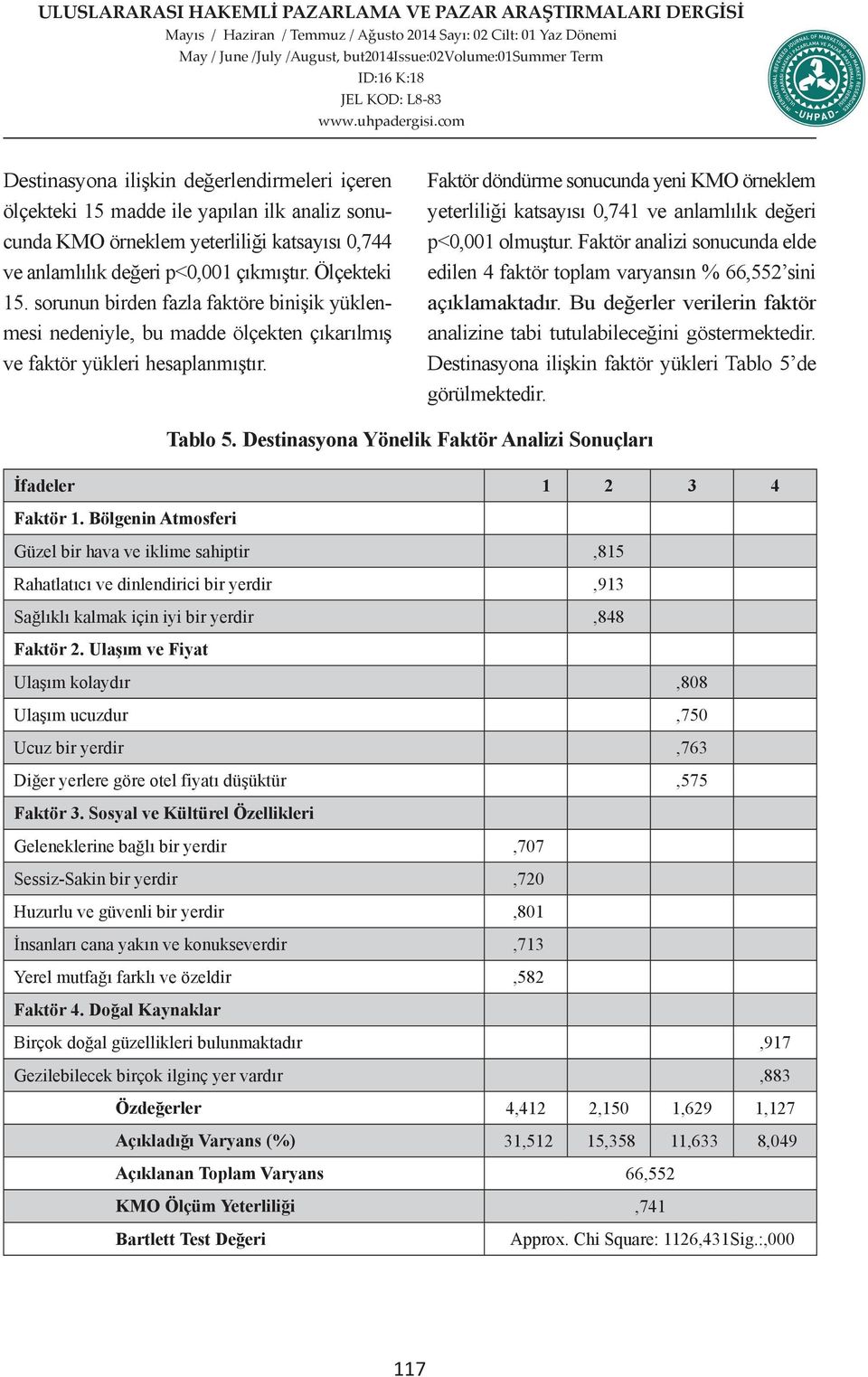 Faktör döndürme sonucunda yeni KMO örneklem yeterliliği katsayısı 0,741 ve anlamlılık değeri p<0,001 olmuştur.