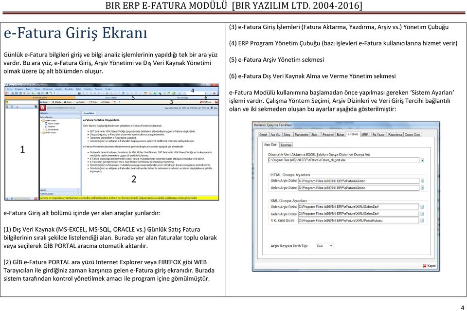 ) Yönetim Çubuğu (4) ERP Program Yönetim Çubuğu (bazı işlevleri e-fatura kullanıcılarına hizmet verir) (5) e-fatura Arşiv Yönetim sekmesi (6) e-fatura Dış Veri Kaynak Alma ve Verme Yönetim sekmesi