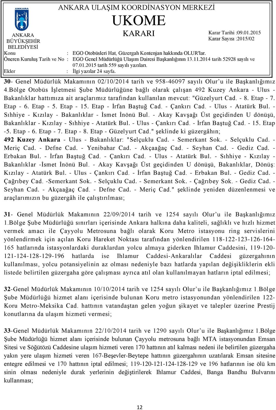 Etap - 5. Etap - 15. Etap - İrfan Baştuğ Cad. - Çankırı Cad. - Ulus - Atatürk Bul. - Sıhhiye - Kızılay - Bakanlıklar - İsmet İnönü Bul.