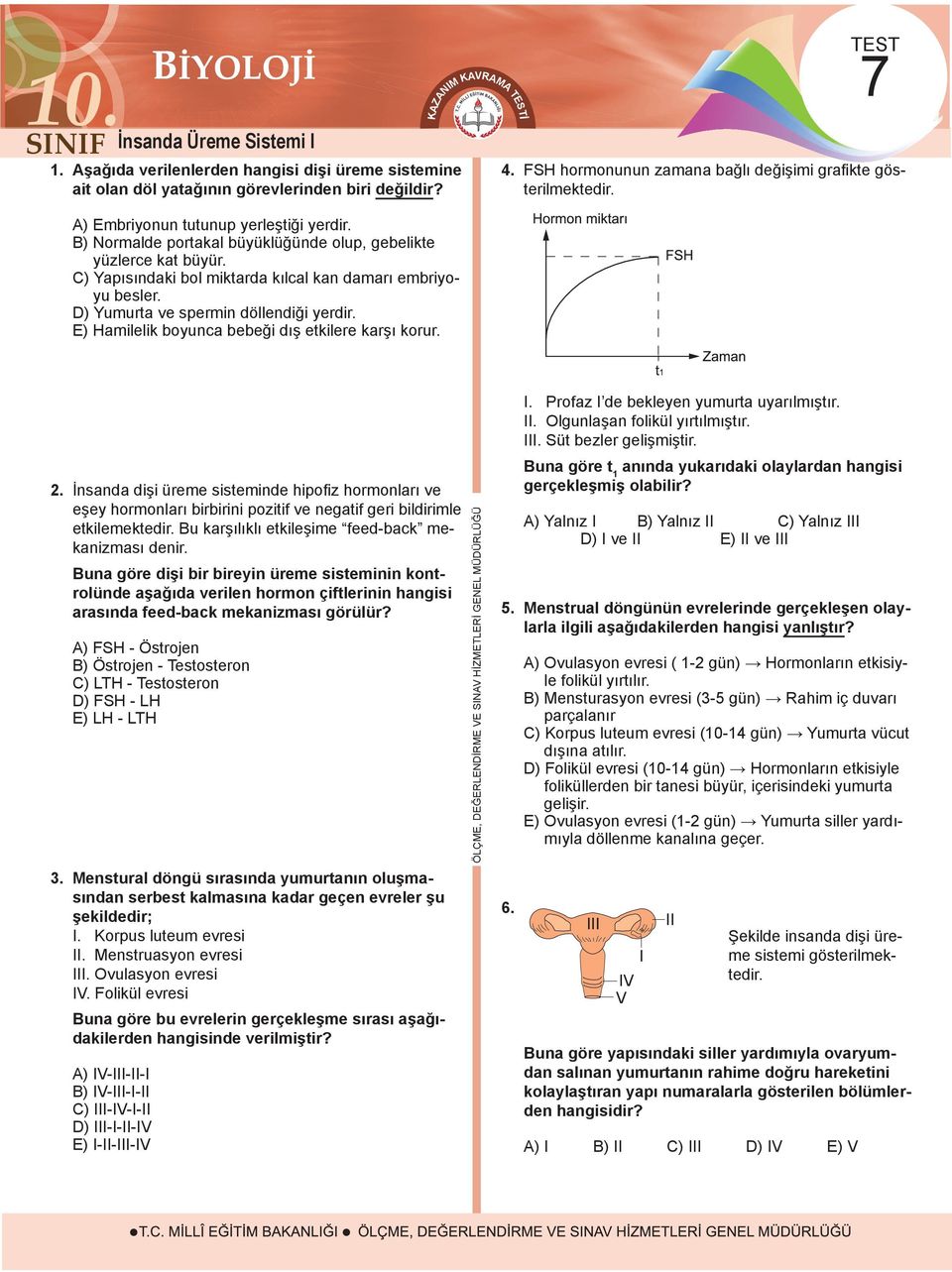 E) Hamilelik boyunca bebeği dış etkilere karşı korur. TEST 7 4. FSH hormonunun zamana bağlı değişimi grafikte gösterilmektedir. 2.