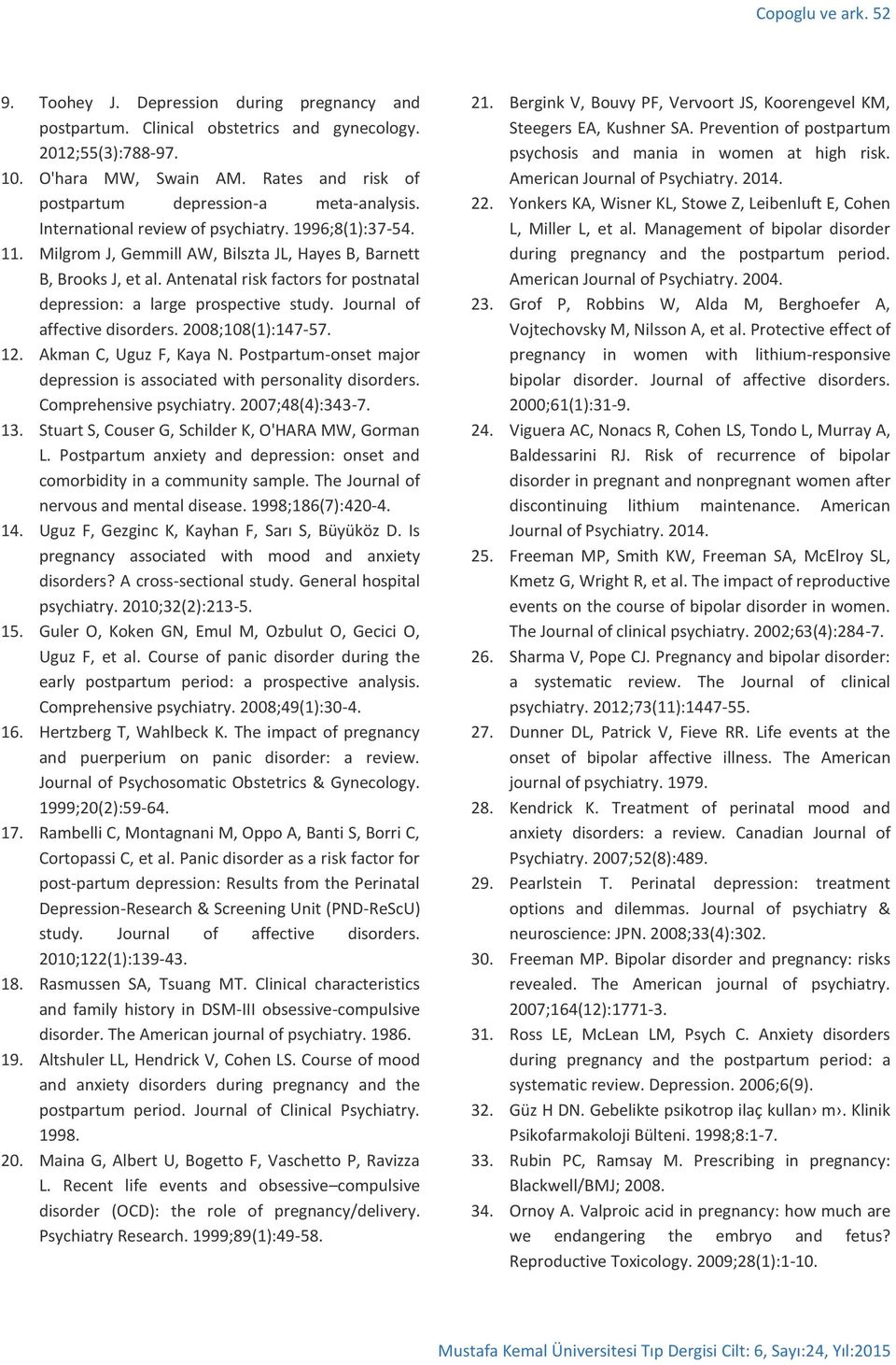 Antenatal risk factors for postnatal depression: a large prospective study. Journal of affective disorders. 2008;108(1):147-57. 12. Akman, Uguz F, Kaya N.