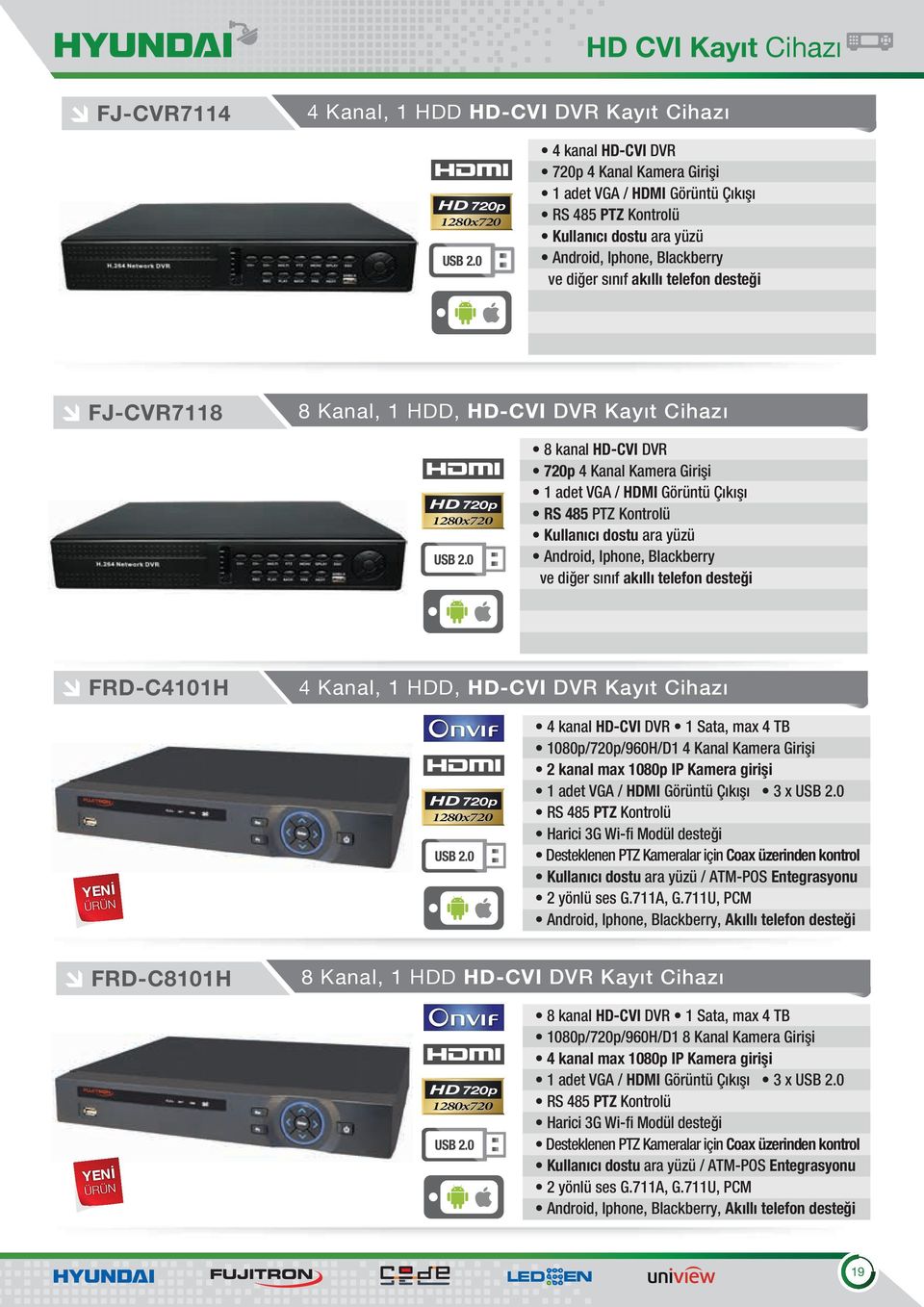FJ-CVR7118 8 Kanal, 1 HDD, HD-CVI DVR Kayıt Cihazı 720p 1280x720 USB 2.