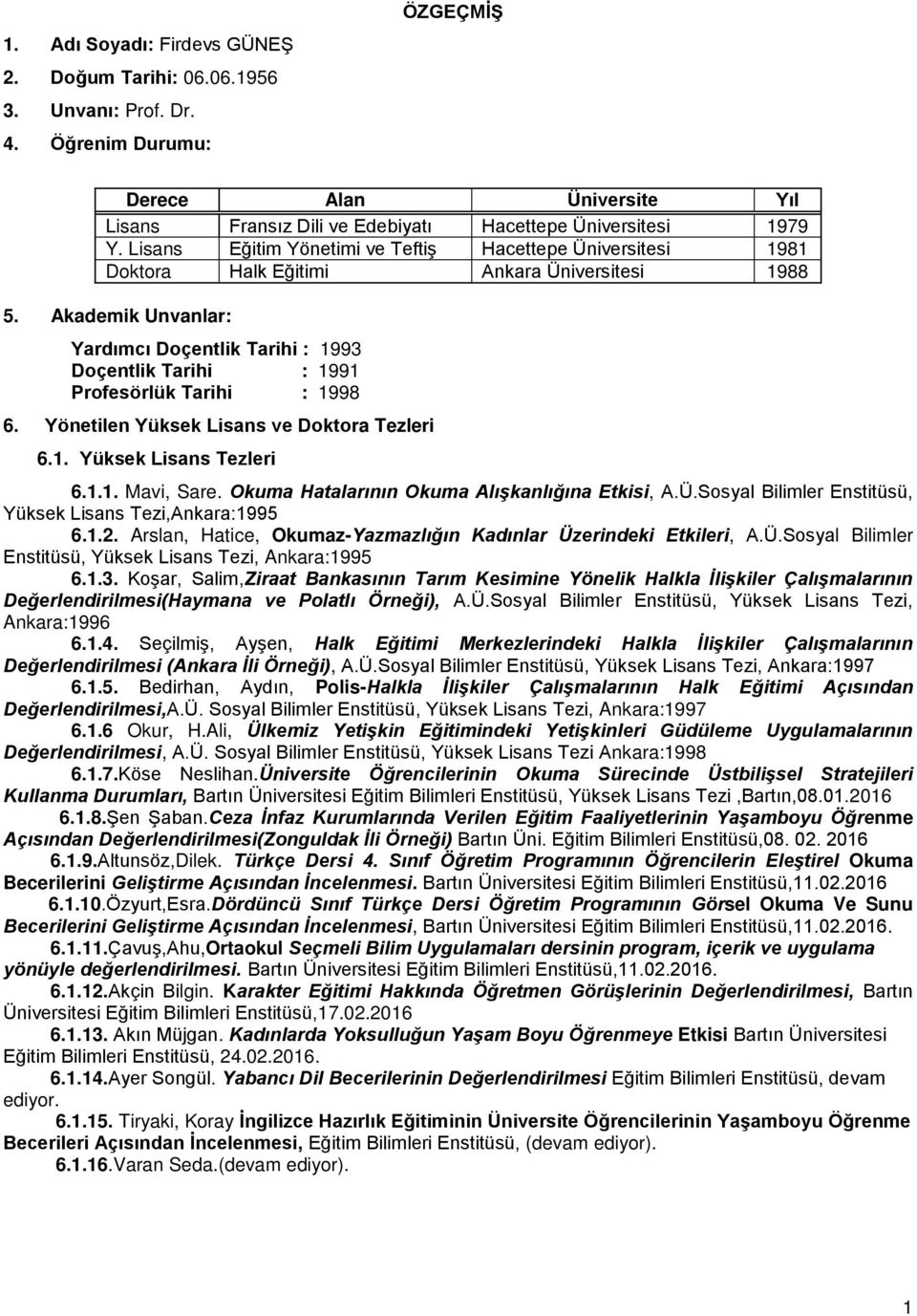 Akademik Unvanlar: Yardımcı Doçentlik Tarihi : 1993 Doçentlik Tarihi : 1991 Profesörlük Tarihi : 1998 6. Yönetilen Yüksek Lisans ve Doktora Tezleri 6.1. Yüksek Lisans Tezleri 6.1.1. Mavi, Sare.