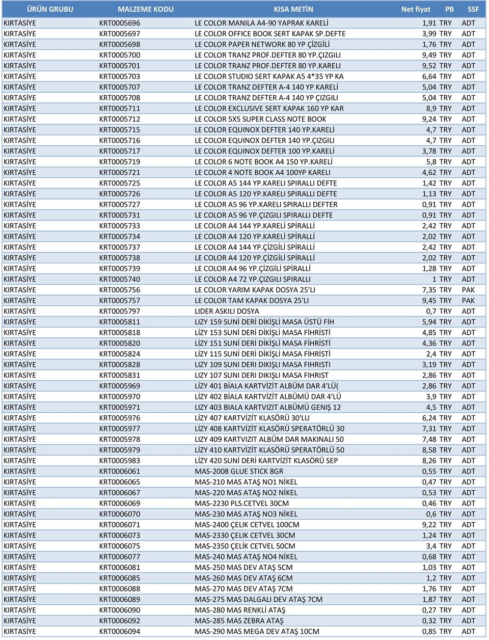 ÇIZGILI 9,49 TRY ADT KIRTASİYE KRT0005701 LE COLOR TRANZ PROF.DEFTER 80 YP.