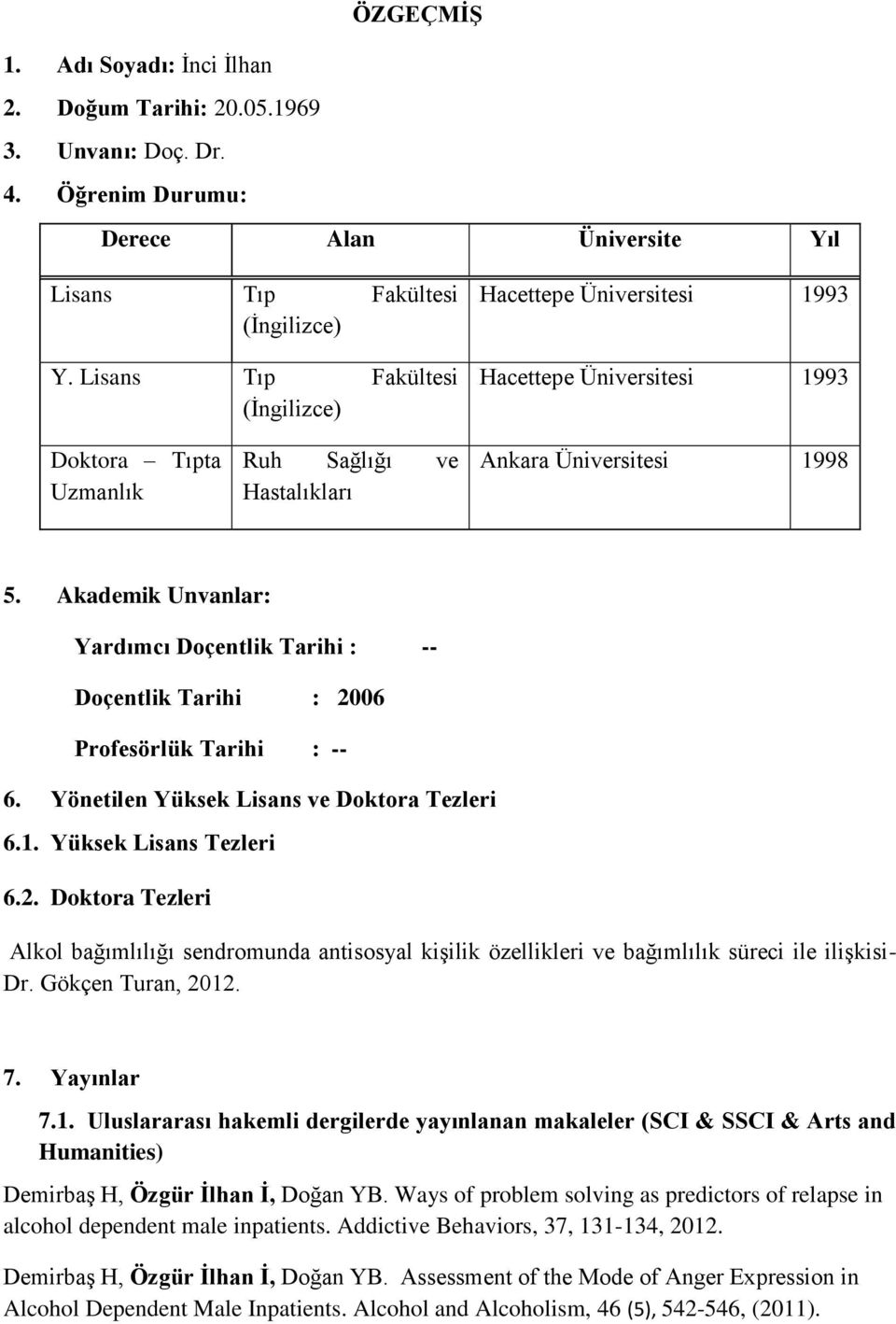 Akademik Unvanlar: Yardımcı Doçentlik Tarihi : -- Doçentlik Tarihi : 06 Profesörlük Tarihi : -- 6. Yönetilen Yüksek Lisans ve Doktora Tezleri 6.. Yüksek Lisans Tezleri 6.2.