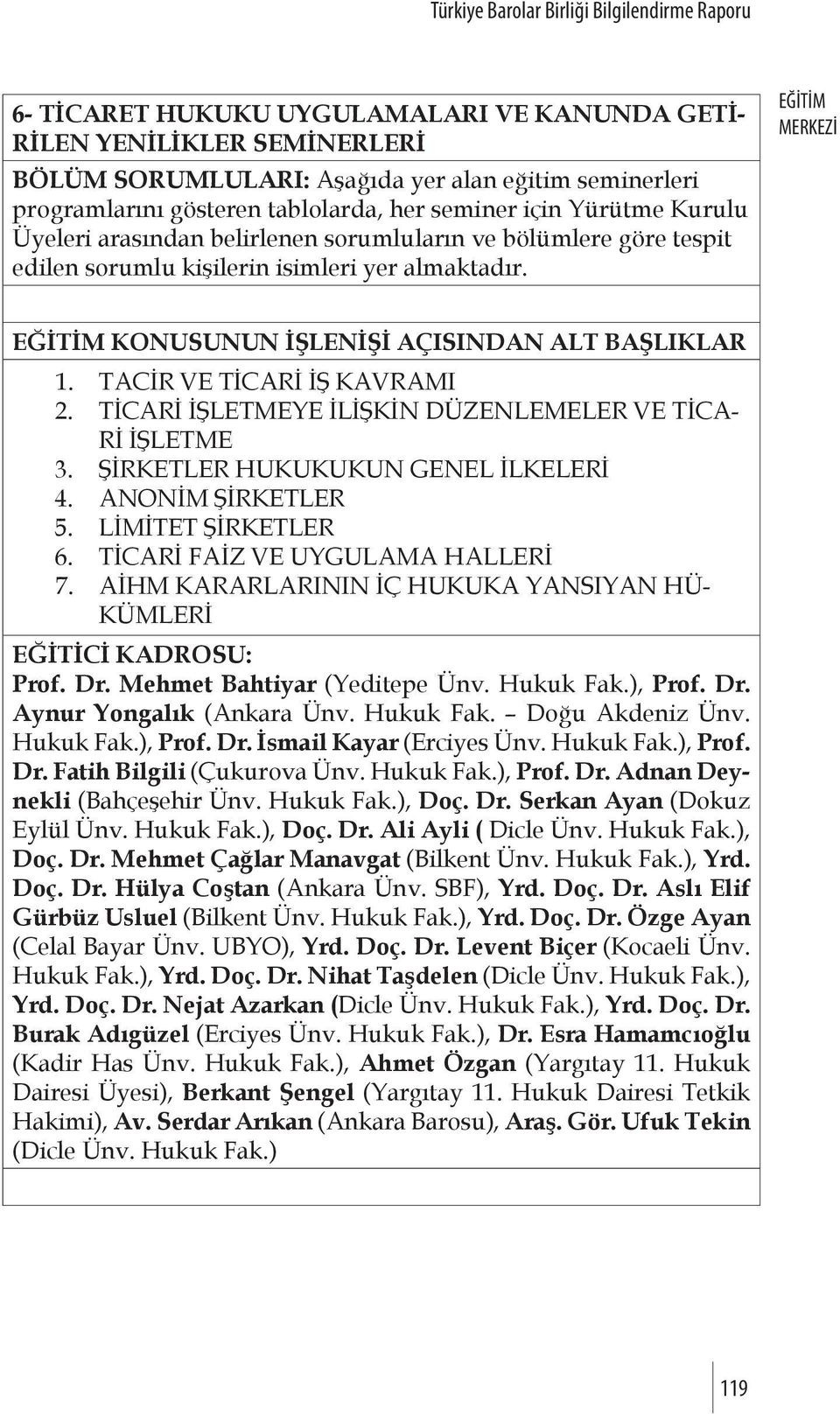 TİCARİ İŞLETMEYE İLİŞKİN DÜZENLEMELER VE TİCA- Rİ İŞLETME 3. ŞİRKETLER HUKUKUKUN GENEL İLKELERİ 4. ANONİM ŞİRKETLER 5. LİMİTET ŞİRKETLER 6. TİCARİ FAİZ VE UYGULAMA HALLERİ 7.