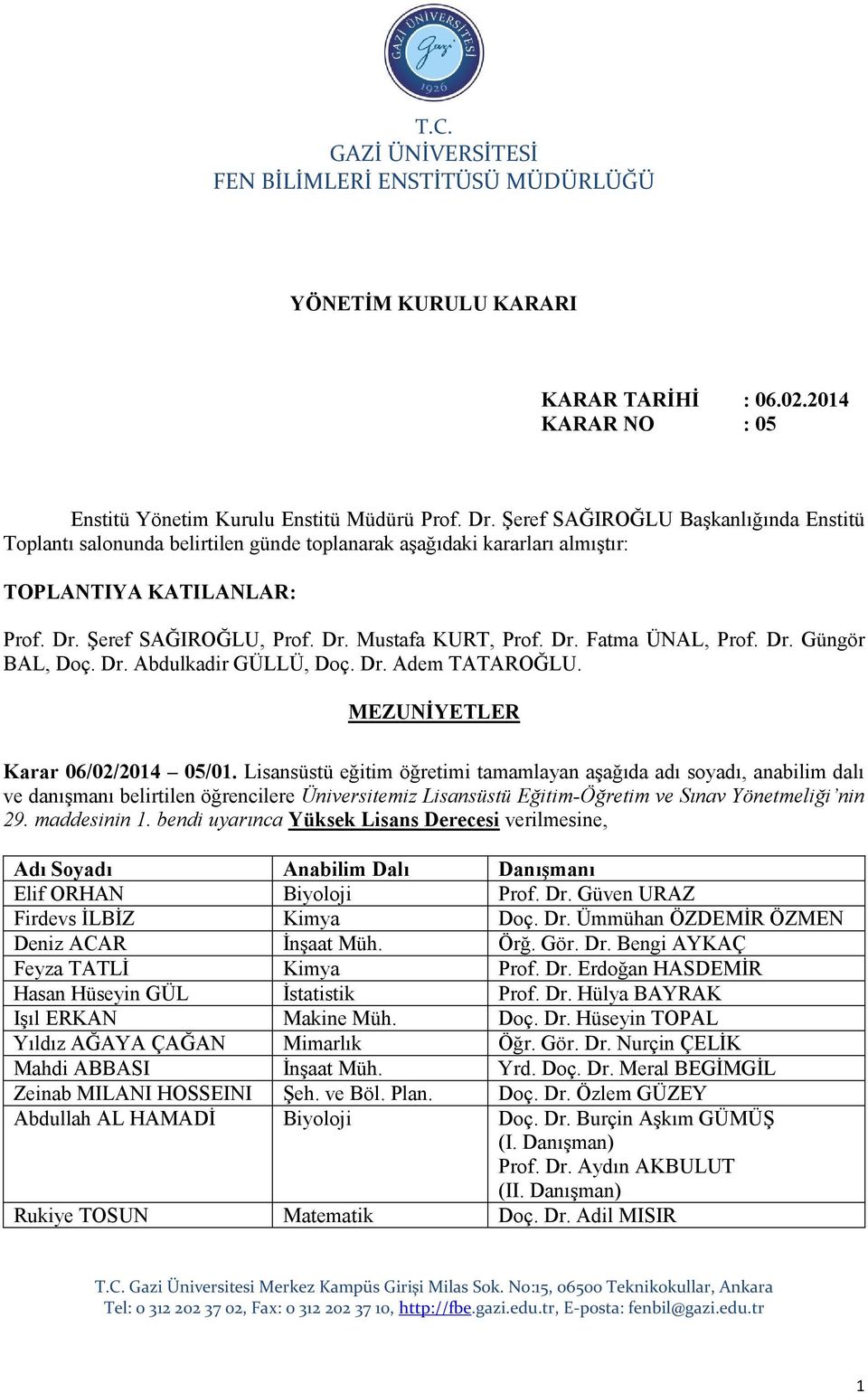 Dr. Güngör BAL, Doç. Dr. Abdulkadir GÜLLÜ, Doç. Dr. Adem TATAROĞLU. MEZUNİYETLER Karar 06/02/2014 05/01.