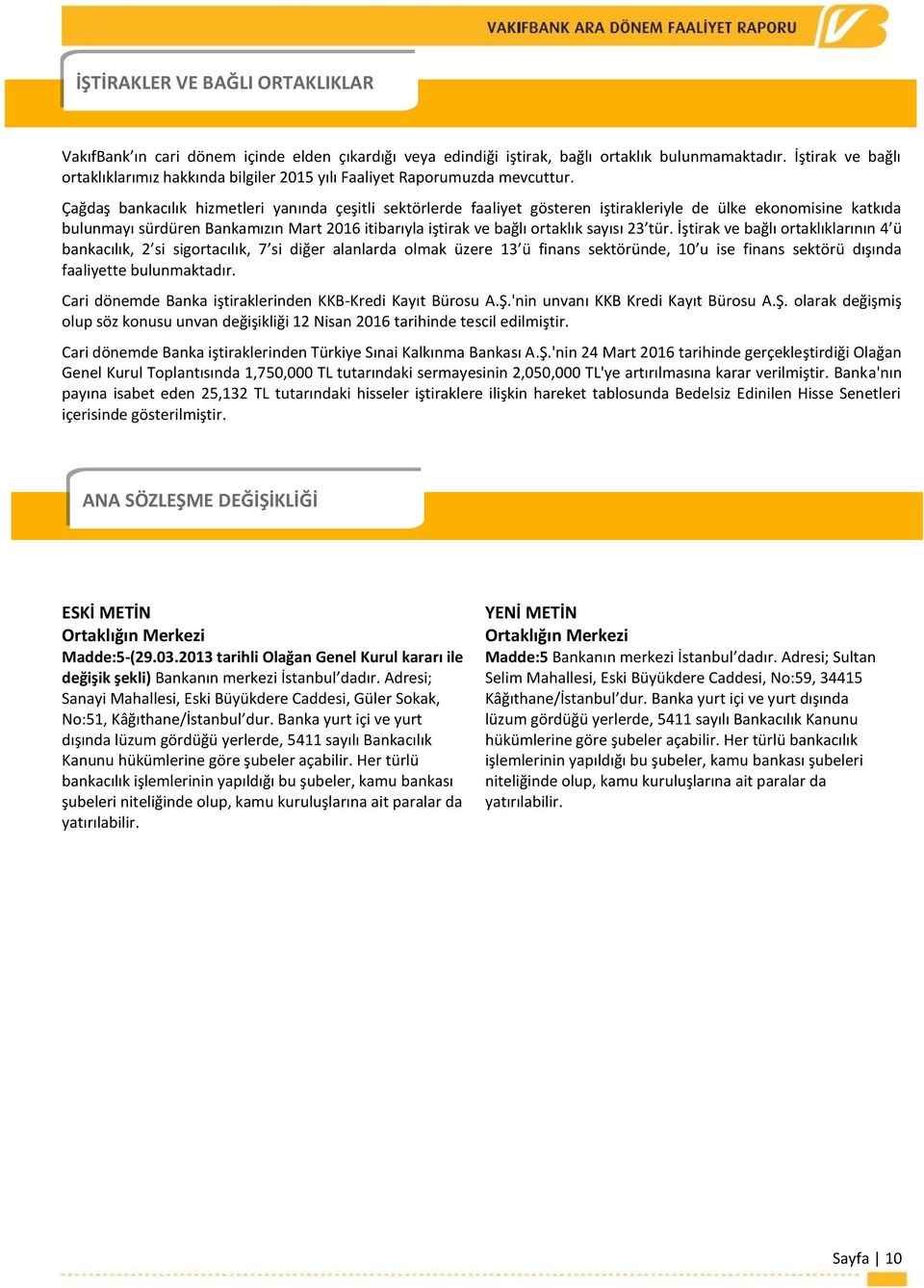 Çağdaş bankacılık hizmetleri yanında çeşitli sektörlerde faaliyet gösteren iştirakleriyle de ülke ekonomisine katkıda bulunmayı sürdüren Bankamızın Mart 2016 itibarıyla iştirak ve bağlı ortaklık