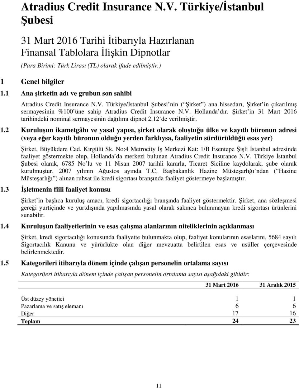 2 Kuruluşun ikametgâhı ve yasal yapısı, şirket olarak oluştuğu ülke ve kayıtlı büronun adresi (veya eğer kayıtlı büronun olduğu yerden farklıysa, faaliyetin sürdürüldüğü esas yer) Şirket, Büyükdere