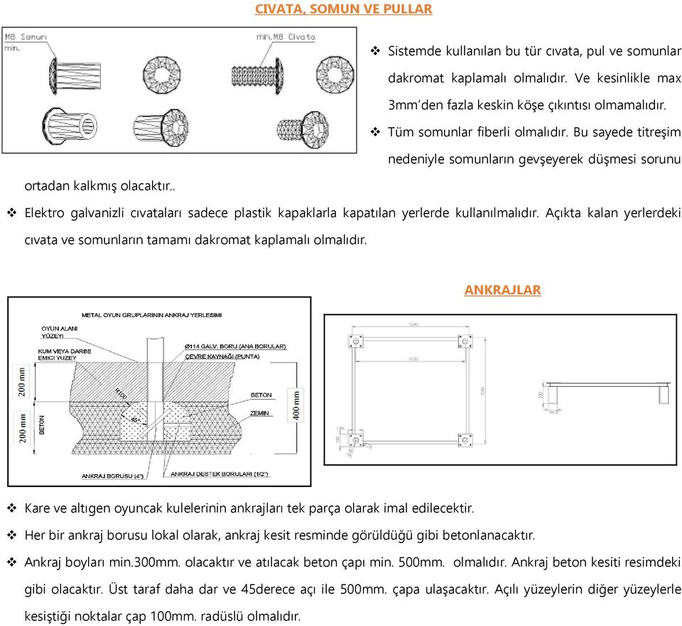 . Elektro galvanizli cıvataları sadece plastik kapaklarla kapatılan yerlerde kullanılmalıdır. Açıkta kalan yerlerdeki cıvata ve somunların tamamı dakromat kaplamalı olmalıdır.