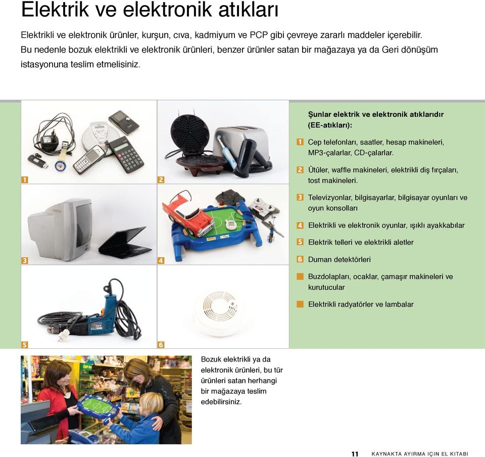 Şunlar elektrik ve elektronik atıklarıdır (EE-atıkları): Cep telefonları, saatler, hesap makineleri, MP-çalarlar, CD-çalarlar. Ütüler, waffle makineleri, elektrikli diş fırçaları, tost makineleri.