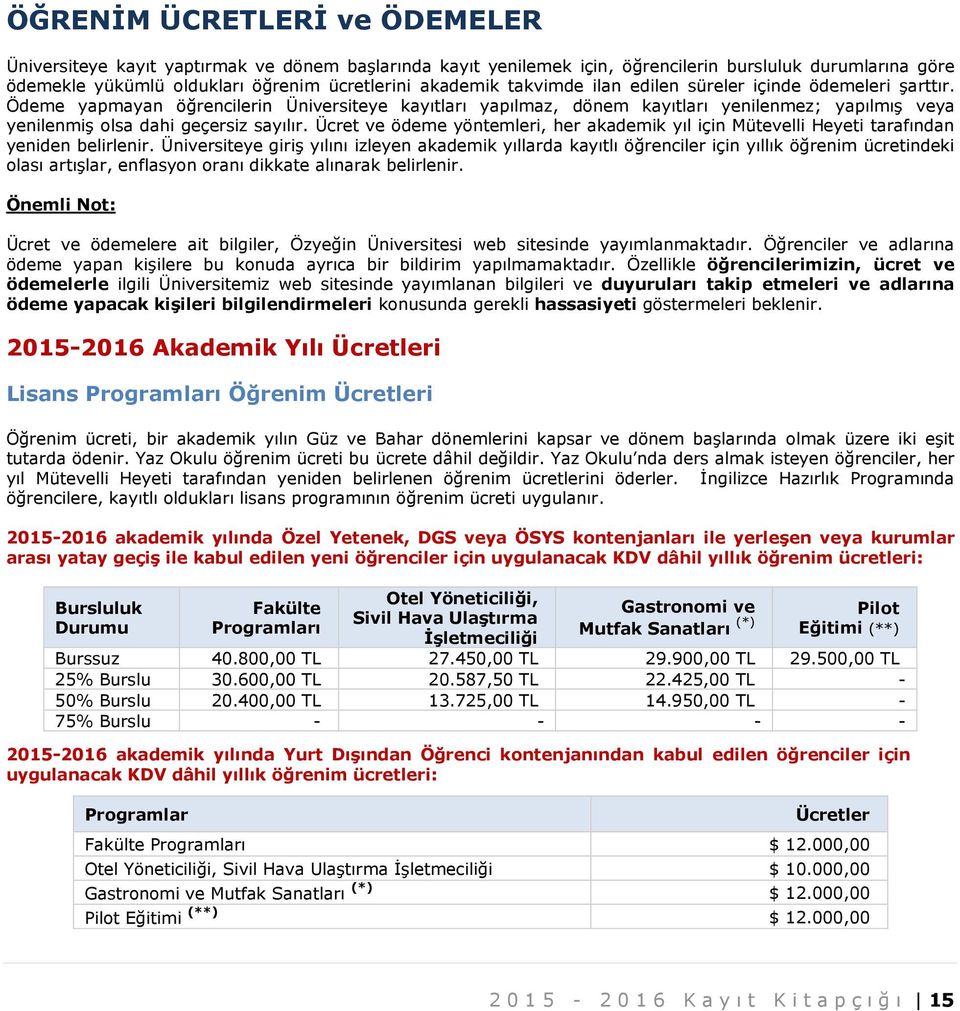Ücret ve ödeme yöntemleri, her akademik yıl için Mütevelli Heyeti tarafından yeniden belirlenir.