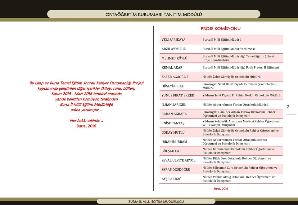 kapsamında geliştirilen diğer içerikler (kitap, sunu, bülten) Kasım 2015 - Mart 2016 tarihleri arasında yanda belirtilen komisyon tarafından Bursa İl Milli Eğitim Müdürlüğü adına yazılmıştır Her