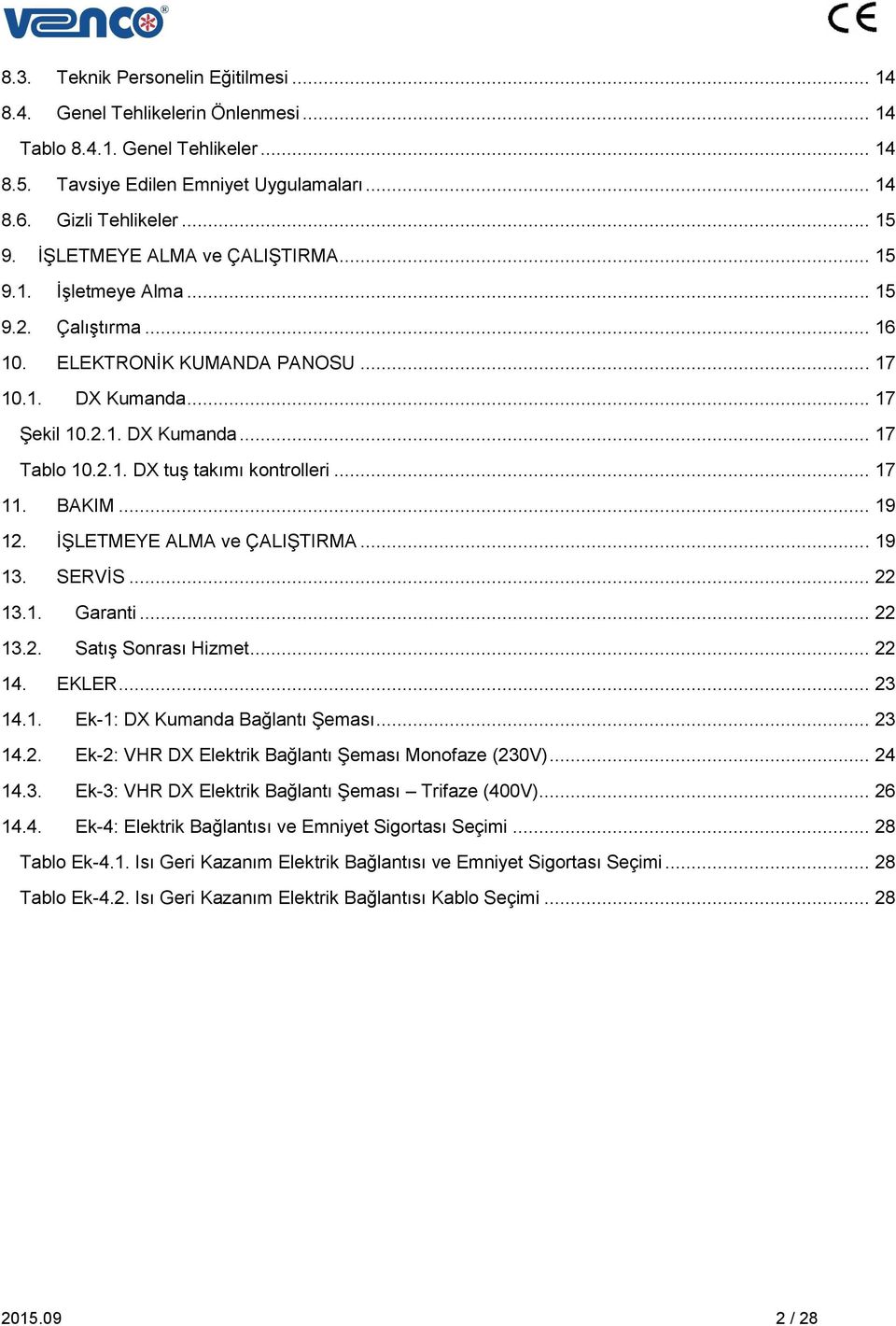 .. 17 11. BAKIM... 19 12. İŞLETMEYE ALMA ve ÇALIŞTIRMA... 19 13. SERVİS... 22 13.1. Garanti... 22 13.2. Satış Sonrası Hizmet... 22 14. EKLER... 23 14.1. Ek-1: DX Kumanda Bağlantı Şeması... 23 14.2. Ek-2: Elektrik Bağlantı Şeması Monofaze (230V).