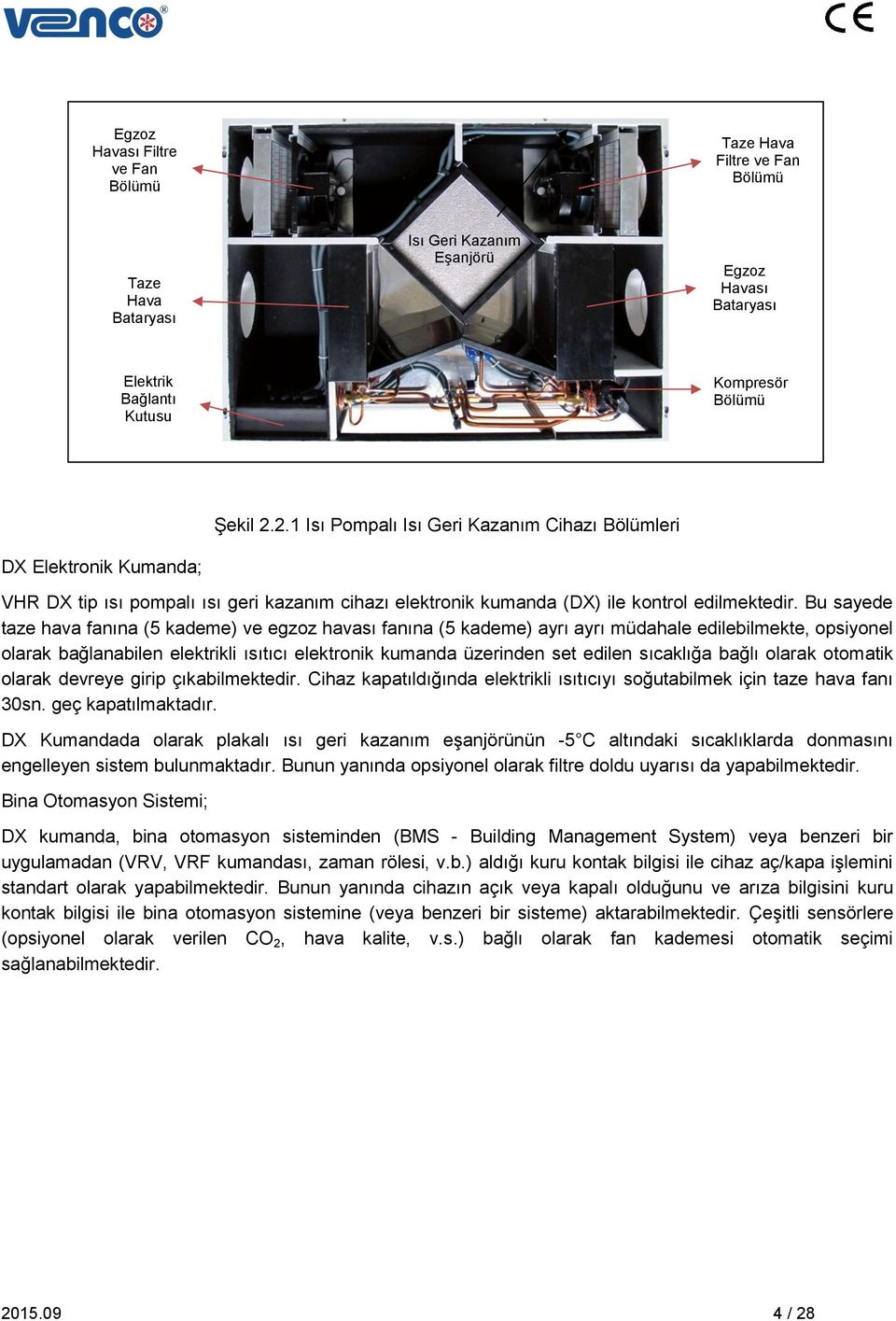 Bu sayede taze hava fanına (5 kademe) ve egzoz havası fanına (5 kademe) ayrı ayrı müdahale edilebilmekte, opsiyonel olarak bağlanabilen elektrikli ısıtıcı elektronik kumanda üzerinden set edilen