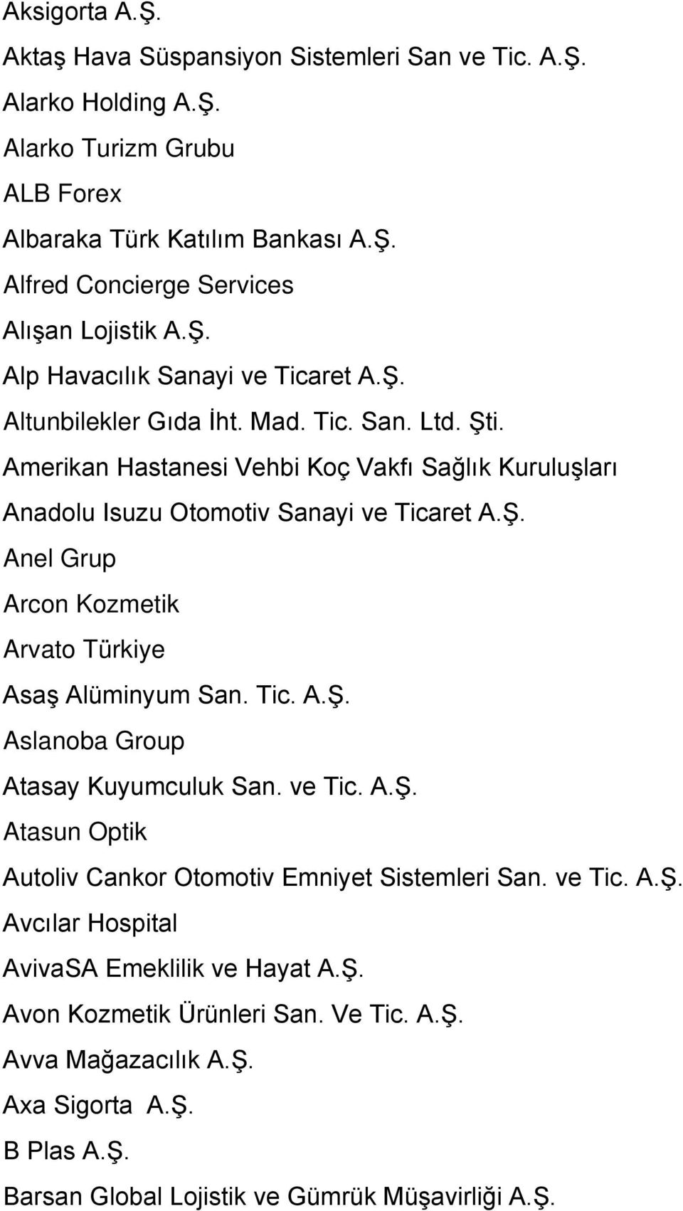 Tic. A.Ş. Aslanoba Group Atasay Kuyumculuk San. ve Tic. A.Ş. Atasun Optik Autoliv Cankor Otomotiv Emniyet Sistemleri San. ve Tic. A.Ş. Avcılar Hospital AvivaSA Emeklilik ve Hayat A.Ş. Avon Kozmetik Ürünleri San.