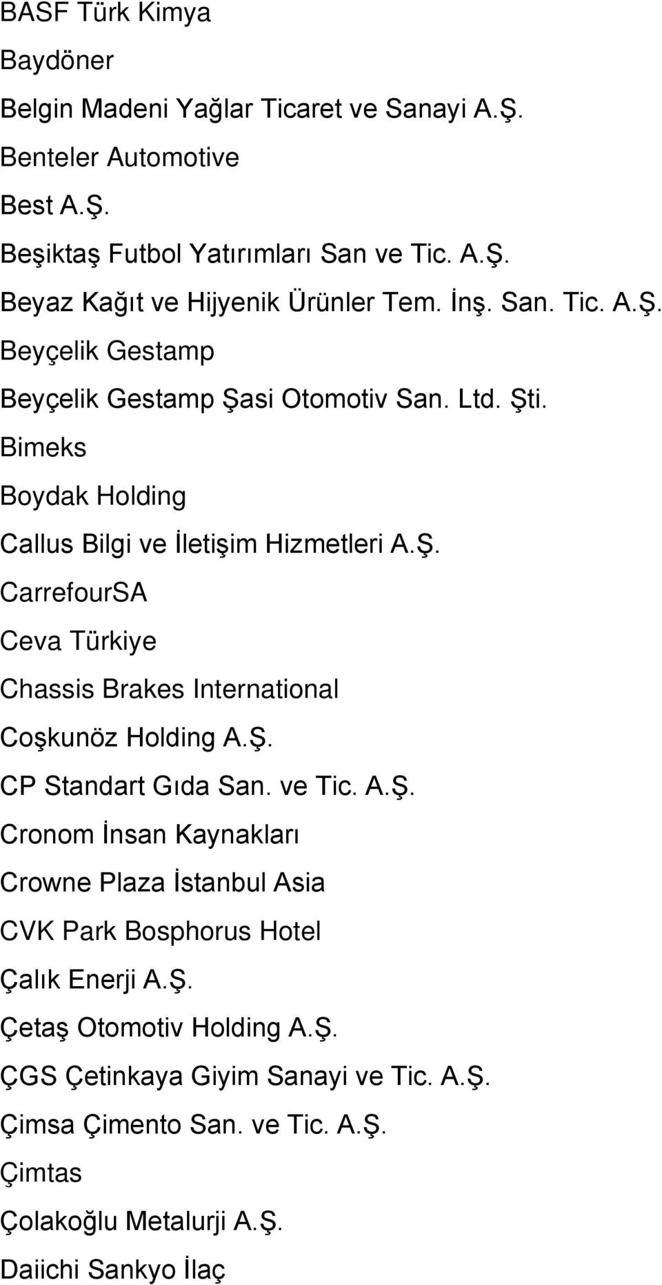 Ş. CP Standart Gıda San. ve Tic. A.Ş. Cronom İnsan Kaynakları Crowne Plaza İstanbul Asia CVK Park Bosphorus Hotel Çalık Enerji A.Ş. Çetaş Otomotiv Holding A.Ş. ÇGS Çetinkaya Giyim Sanayi ve Tic.