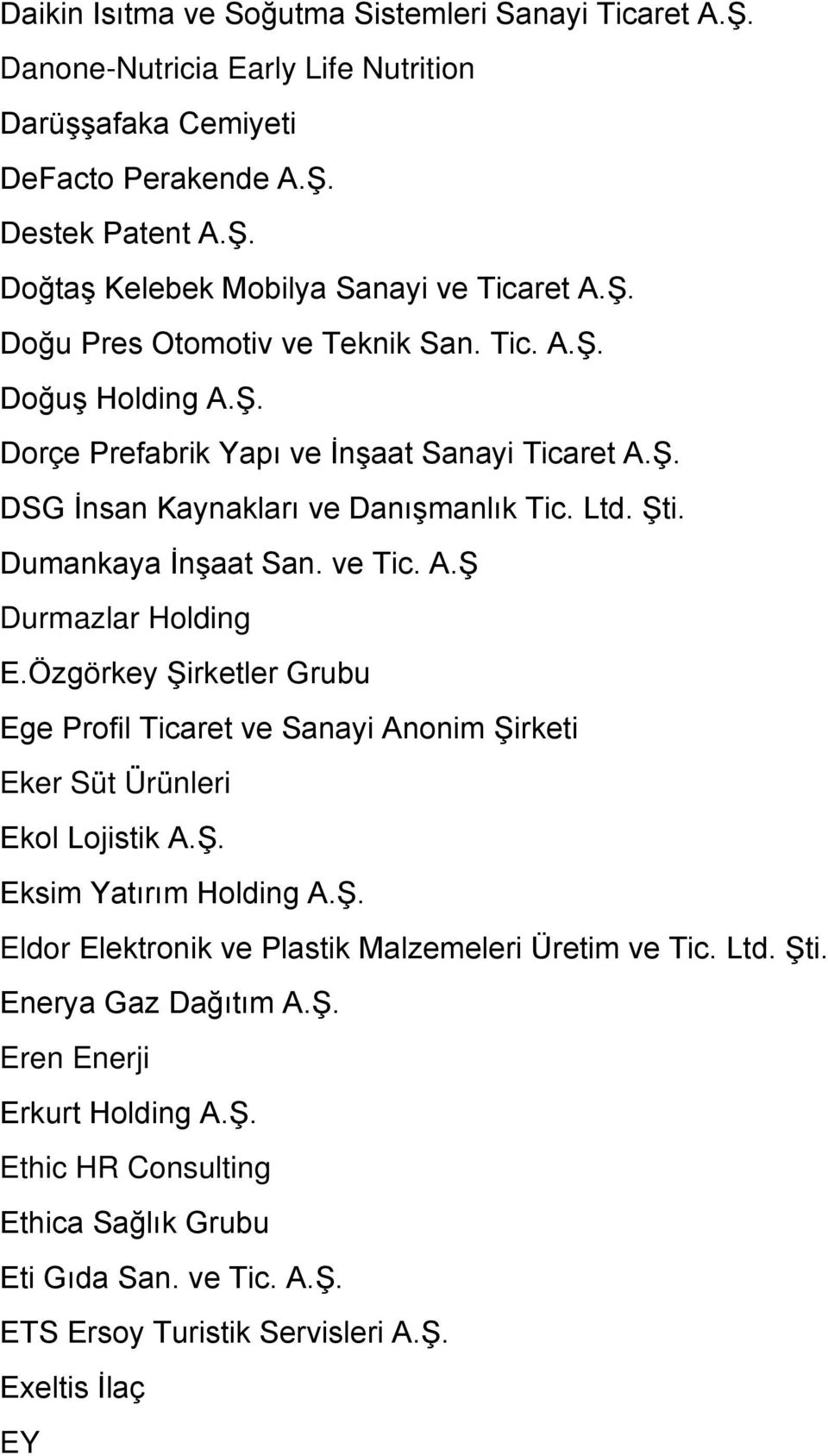 A.Ş Durmazlar Holding E.Özgörkey Şirketler Grubu Ege Profil Ticaret ve Sanayi Anonim Şirketi Eker Süt Ürünleri Ekol Lojistik A.Ş. Eksim Yatırım Holding A.Ş. Eldor Elektronik ve Plastik Malzemeleri Üretim ve Tic.