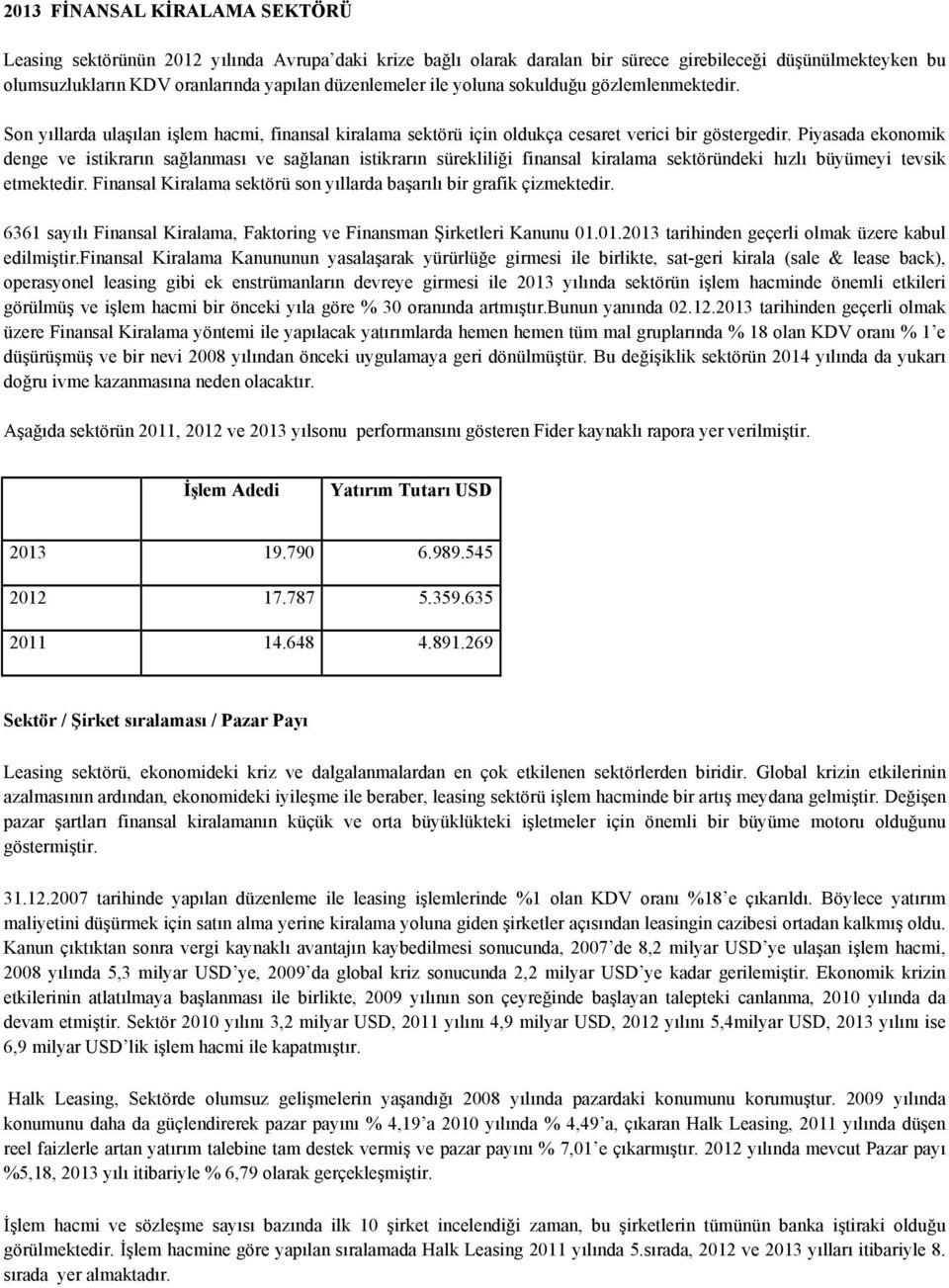 Piyasada ekonomik denge ve istikrarın sağlanması ve sağlanan istikrarın sürekliliği finansal kiralama sektöründeki hızlı büyümeyi tevsik etmektedir.