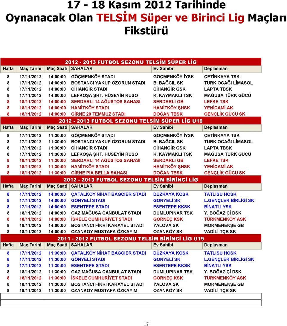 BAĞCIL SK TÜRK OCAĞI LİMASOL 8 17/11/2012 14:00:00 CİHANGİR STADI CİHANGİR GSK LAPTA TBSK 8 17/11/2012 14:00:00 LEFKOŞA ŞHT. HÜSEYİN RUSO K.