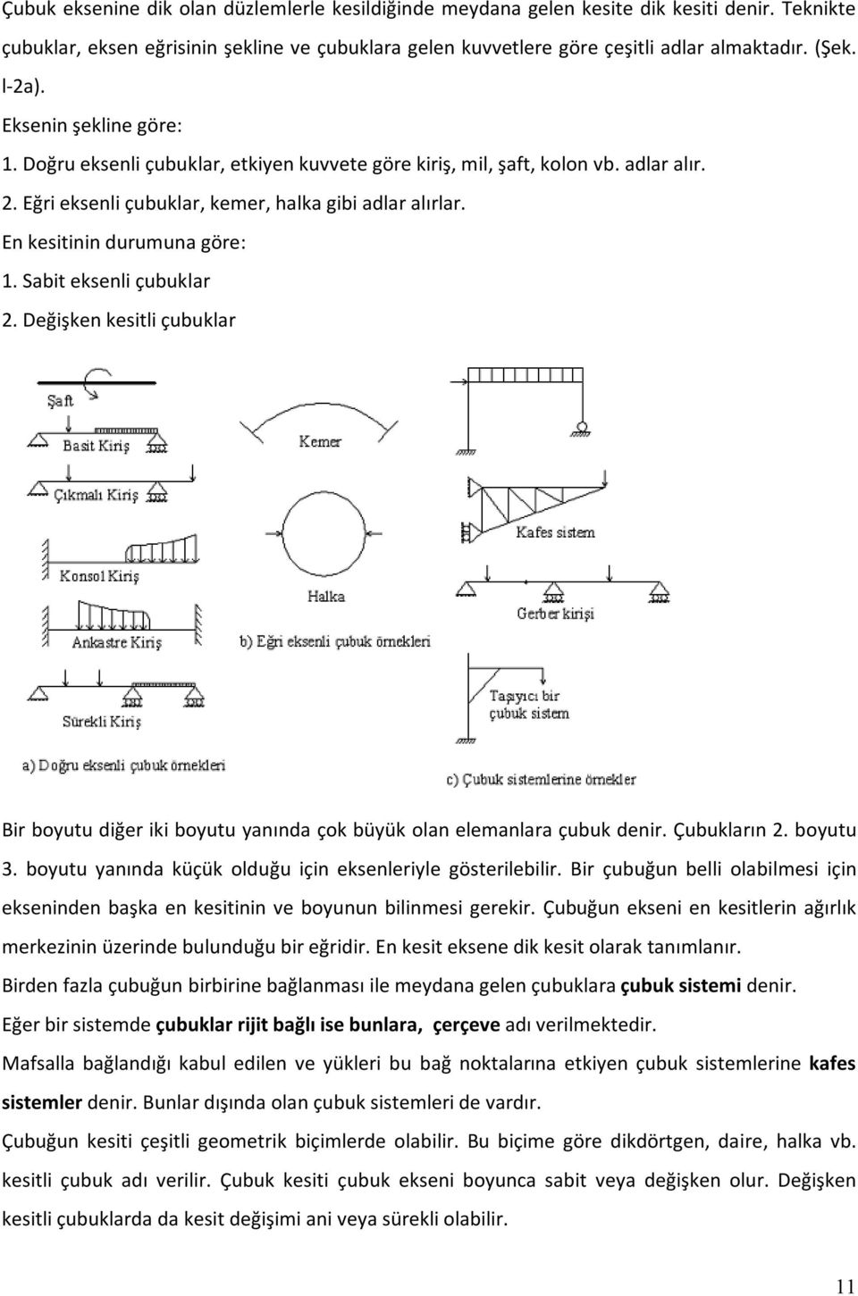 En kesitinin durumuna göre: 1. Sabit eksenli çubuklar. Değişken kesitli çubuklar Bir boyutu diğer iki boyutu yanında çok büyük olan elemanlara çubuk denir. Çubukların. boyutu 3.