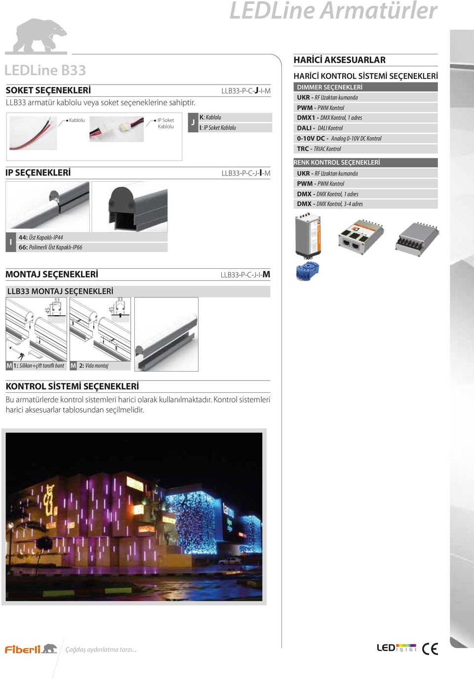 Kontrol 0-10V D - Analog 0-10V D Kontrol TR - TRIA Kontrol IP SEÇENEKLERİ LLB33-P--J-I-M RENK KONTROL SEÇENEKLERİ UKR - RF Uzaktan kumanda PWM - PWM Kontrol DMX - DMX Kontrol, 1 adres DMX - DMX