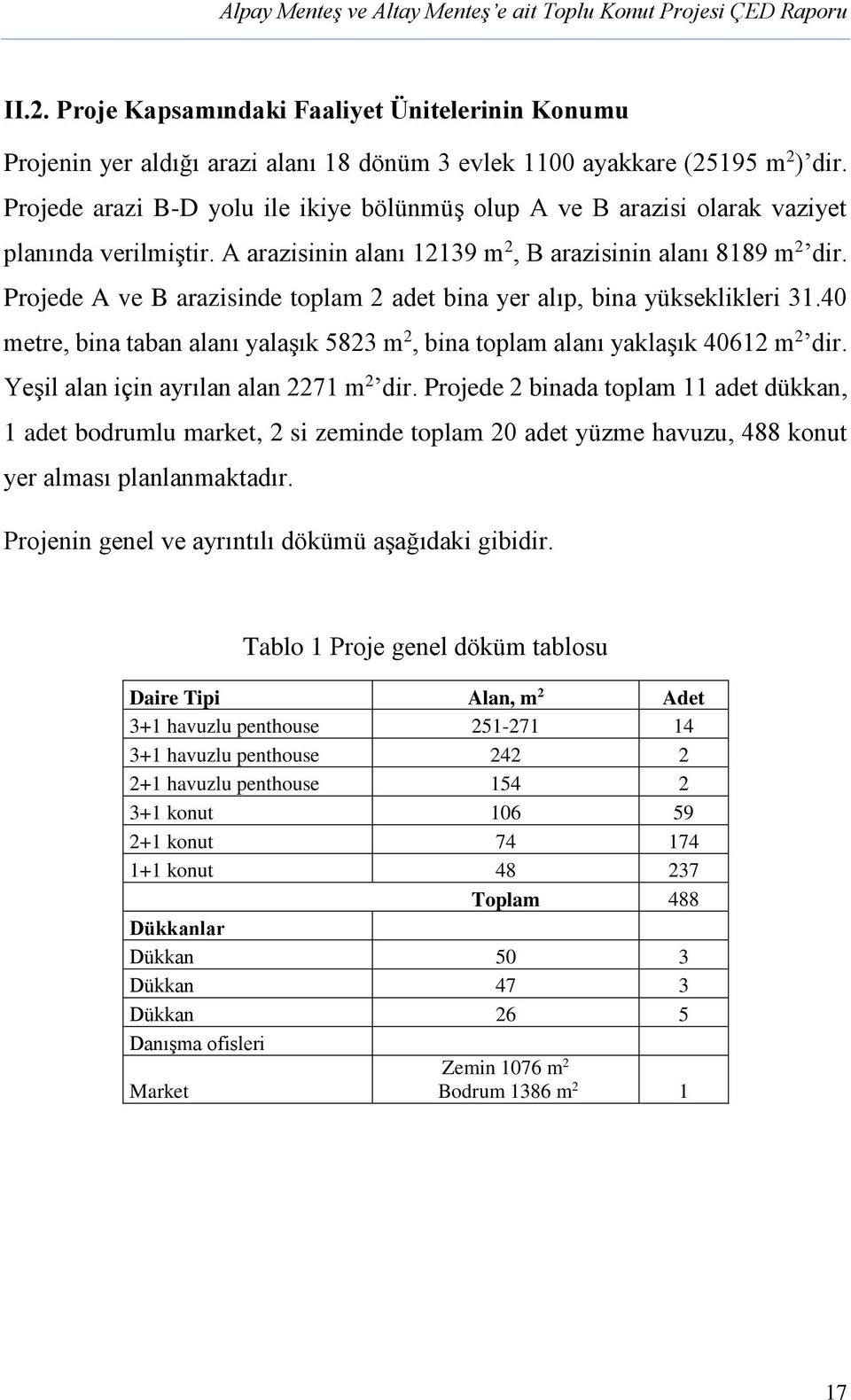 Projede A ve B arazisinde toplam 2 adet bina yer alıp, bina yükseklikleri 31.40 metre, bina taban alanı yalaşık 5823 m 2, bina toplam alanı yaklaşık 40612 m 2 dir.