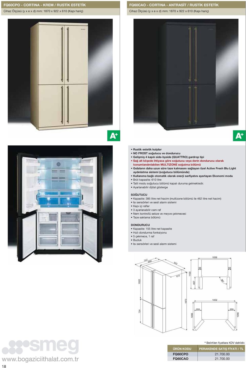 MULTIZONE soğutma bölümü Gıdaların daha uzun süre taze kalmasını sağlayan özel Active Fresh Blu Light aydınlatma sistemi (soğutucu bölümünde) Kullanıma bağlı otomatik olarak enerji sarfiyatını