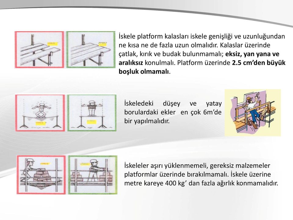 5 cm den büyük boşluk olmamalı. İskeledeki düşey ve yatay borulardaki ekler en çok 6m de bir yapılmalıdır.