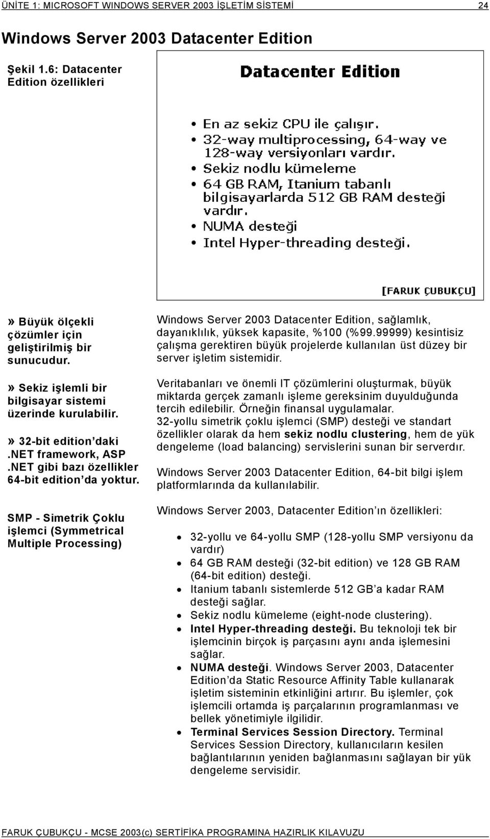 SMP - Simetrik Çoklu işlemci (Symmetrical Multiple Processing) Windows Server 2003 Datacenter Edition, sağlamlık, dayanıklılık, yüksek kapasite, %100 (%99.