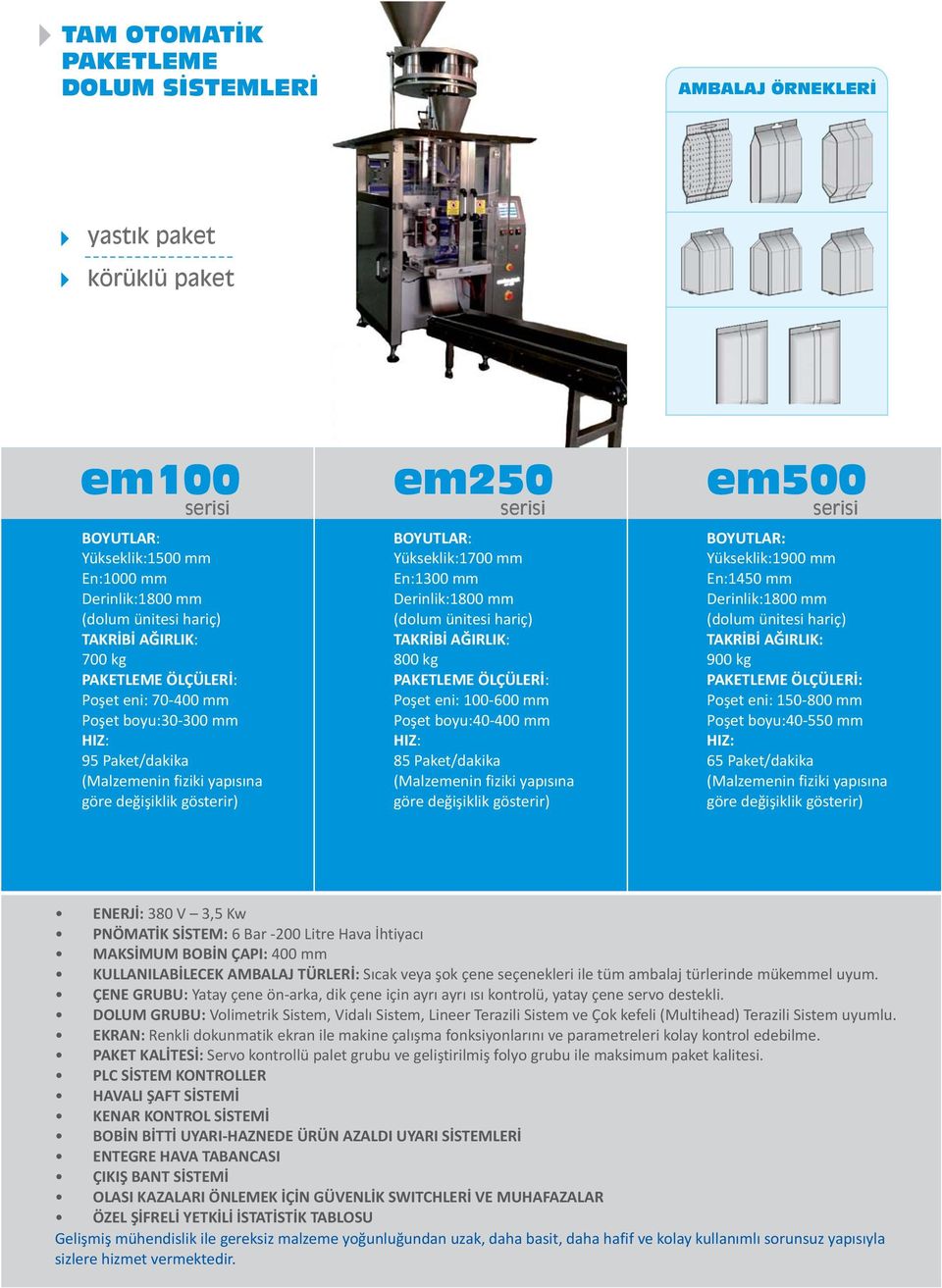 380 V 3,5 Kw PNÖMATİK SİSTEM: 6 Bar -200 Litre Hava İhtiyacı MAKSİMUM BOBİN ÇAPI: 400 mm KULLANILABİLECEK AMBALAJ TÜRLERİ: Sıcak veya şok çene seçenekleri ile tüm ambalaj türlerinde mükemmel uyum.