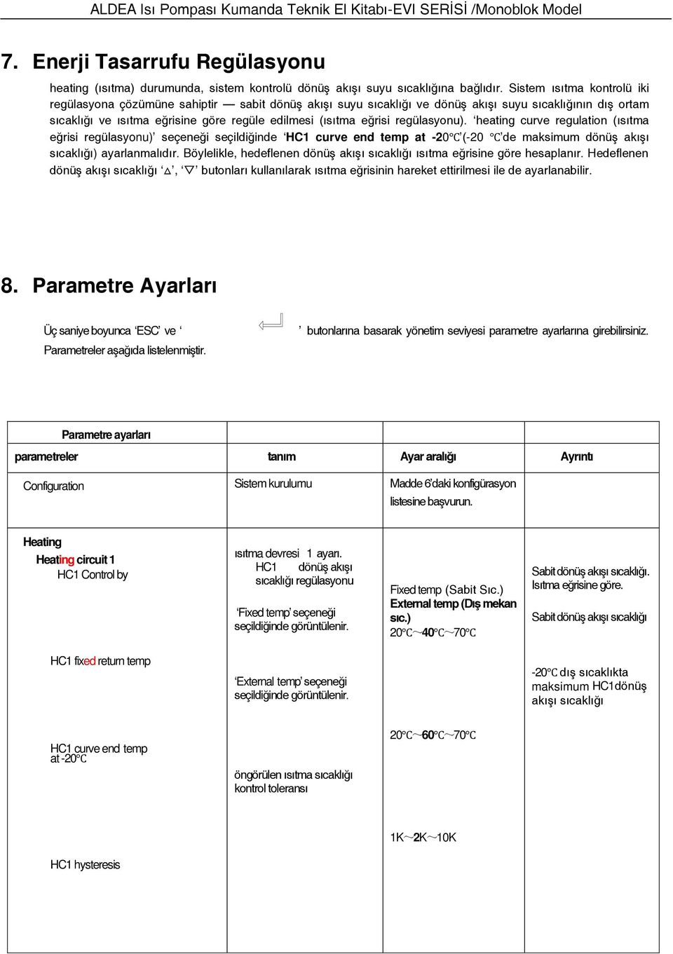 regülasyonu). heating curve regulation (ısıtma eğrisi regülasyonu) seçeneği seçildiğinde HC1 curve end temp at -20 (-20 de maksimum dönüş akışı sıcaklığı) ayarlanmalıdır.